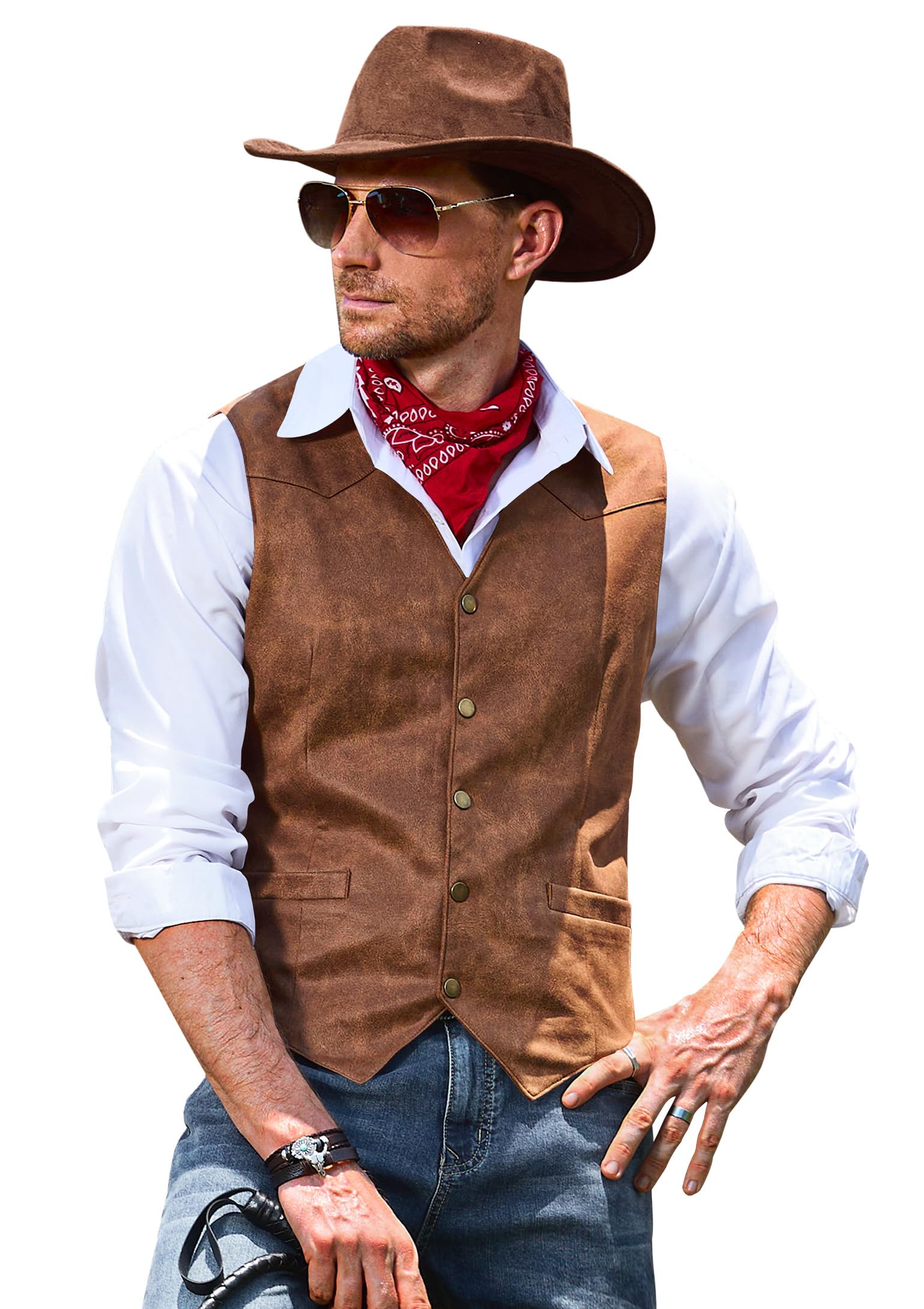 Mens Western Vintage Vest Cowboy Suede Leather Waistcoat
