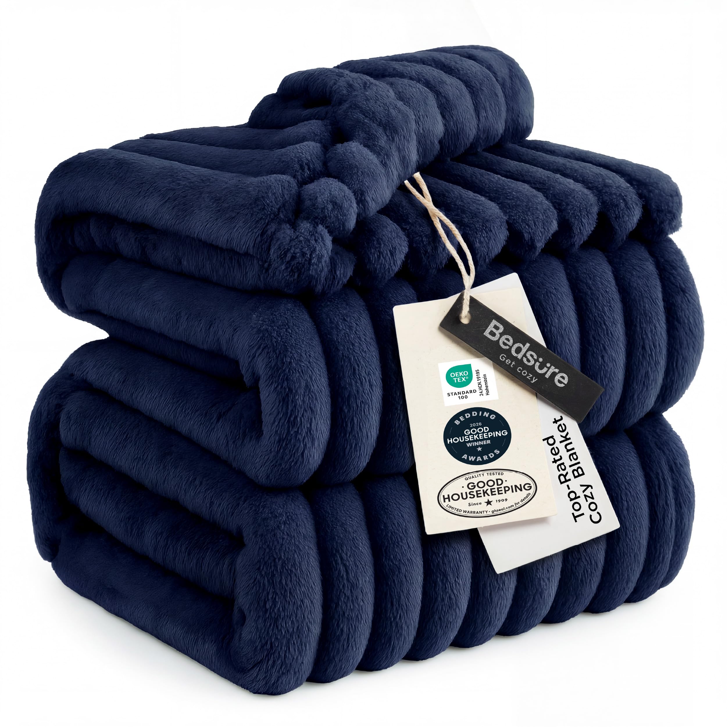 bedsure gentlesoft navy blue fleece blanket for couch - cozy soft blankets for women, cute small throws for girls, navy, 90x90 inches