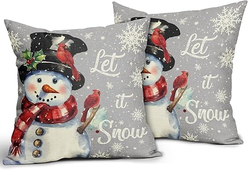 Miniatura 10 de Juego de 2 fundas de almohada de Navidad de 18 x 18 pulgadas, color verde, estilo rústico, muñeco de nieve con estampado de muñeco de nieve,