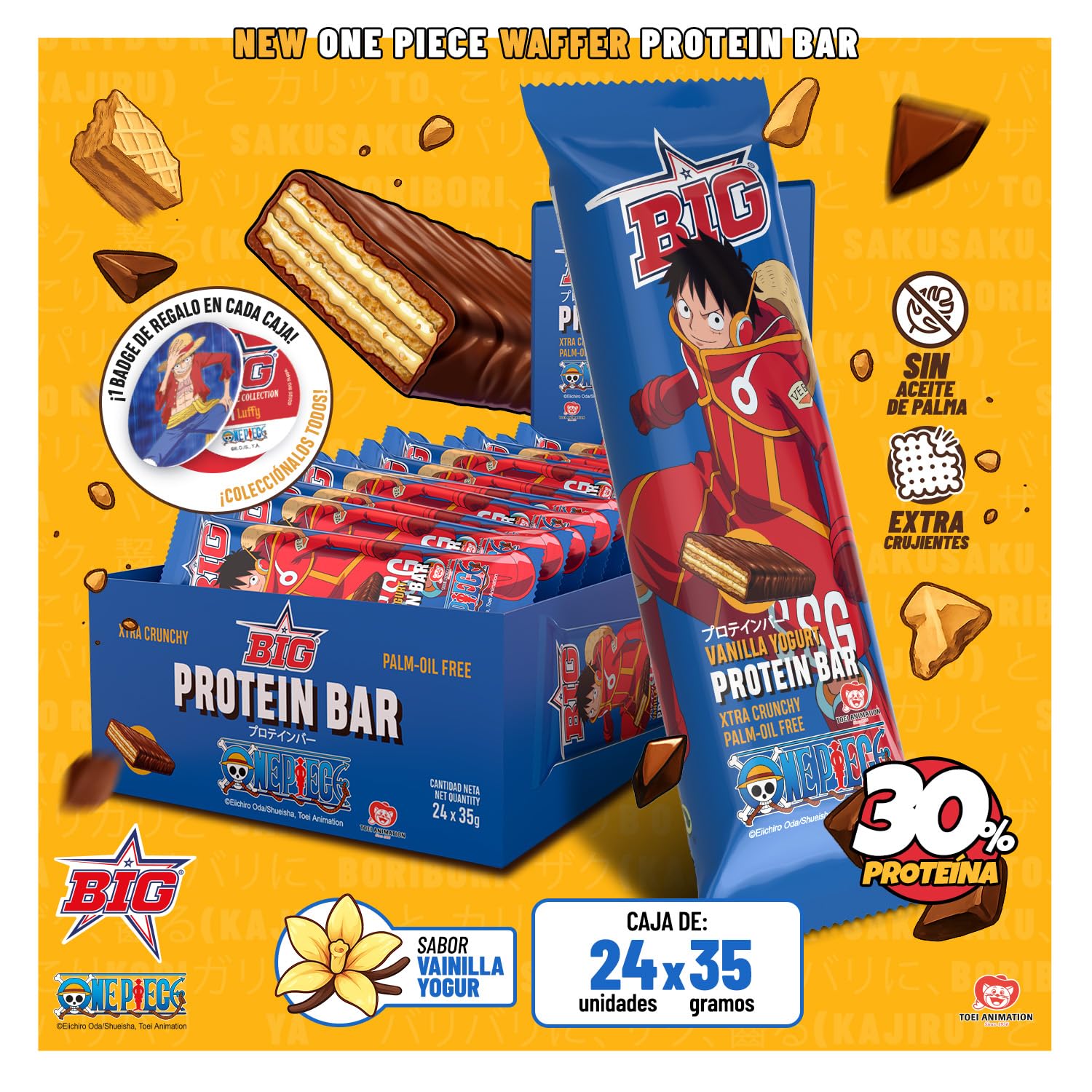 BIG - Barritas Proteina - Barrita Proteina ONE PIECE - Snack Delicioso Alto en Proteínas - 30 gr por Barrita - Protein Bar con Sabores Exclusivos - Caja 24 uds, Vainilla-Yogurt