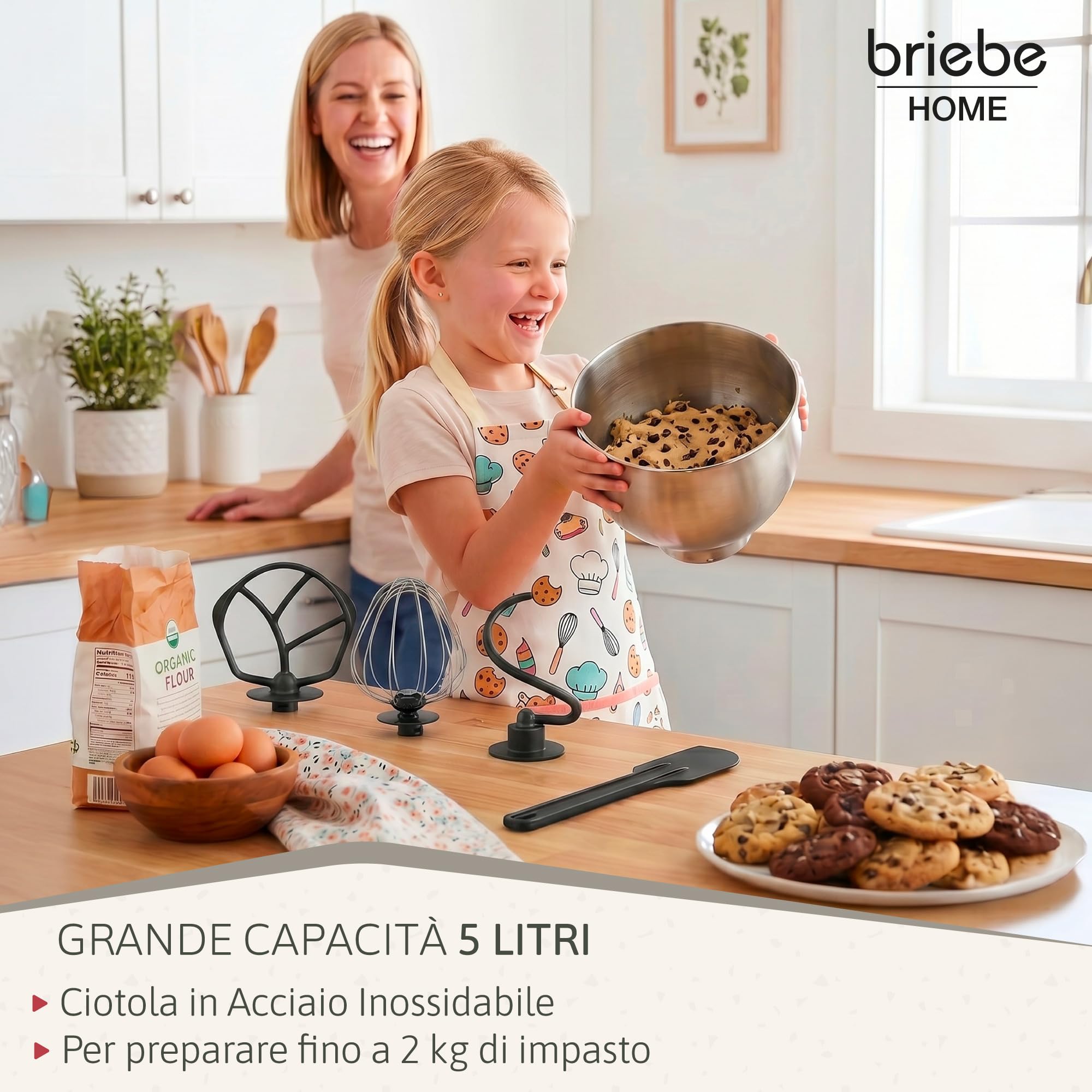 briebe Impastatrice Planetaria Professionale per Pasticceria 1800W MAX Robot da Cucina Orbitale, Frusta, Ciotola 5 L, 6 Velocità + Funzione Pulse, Schermo Touch LED, KM1164