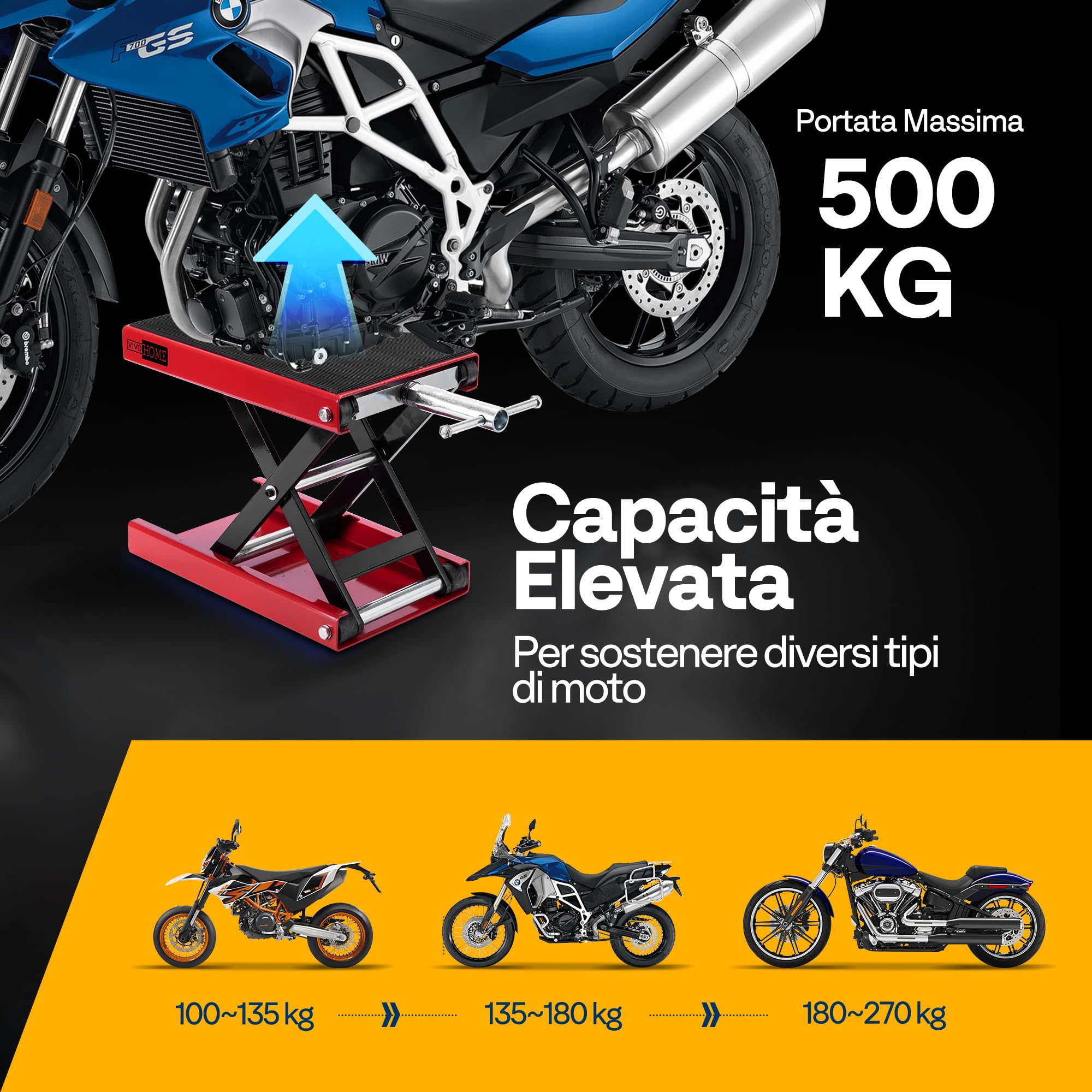 VIVOHOME Sollevatore Moto Altezza Regolabile Centrale a Forbice, Ponte Sollevatore in Acciaio Alzamoto 500kg Capacità per Auto ATV Motocross Riparazione Garage Rosso