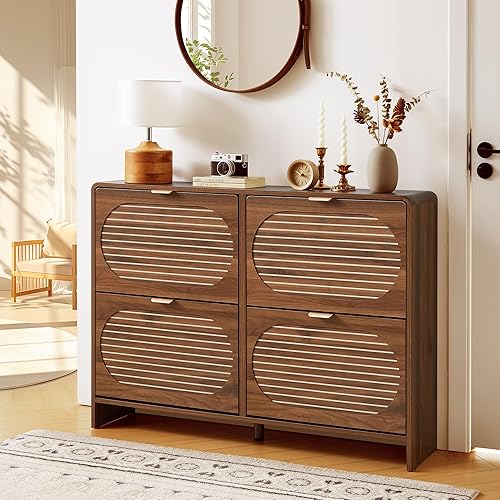 Miniatura 8 de Armario estrecho de almacenamiento de zapatos para entrada con 4 cajones abatibles, armario de zapatos de borde curvado con panel de rayas