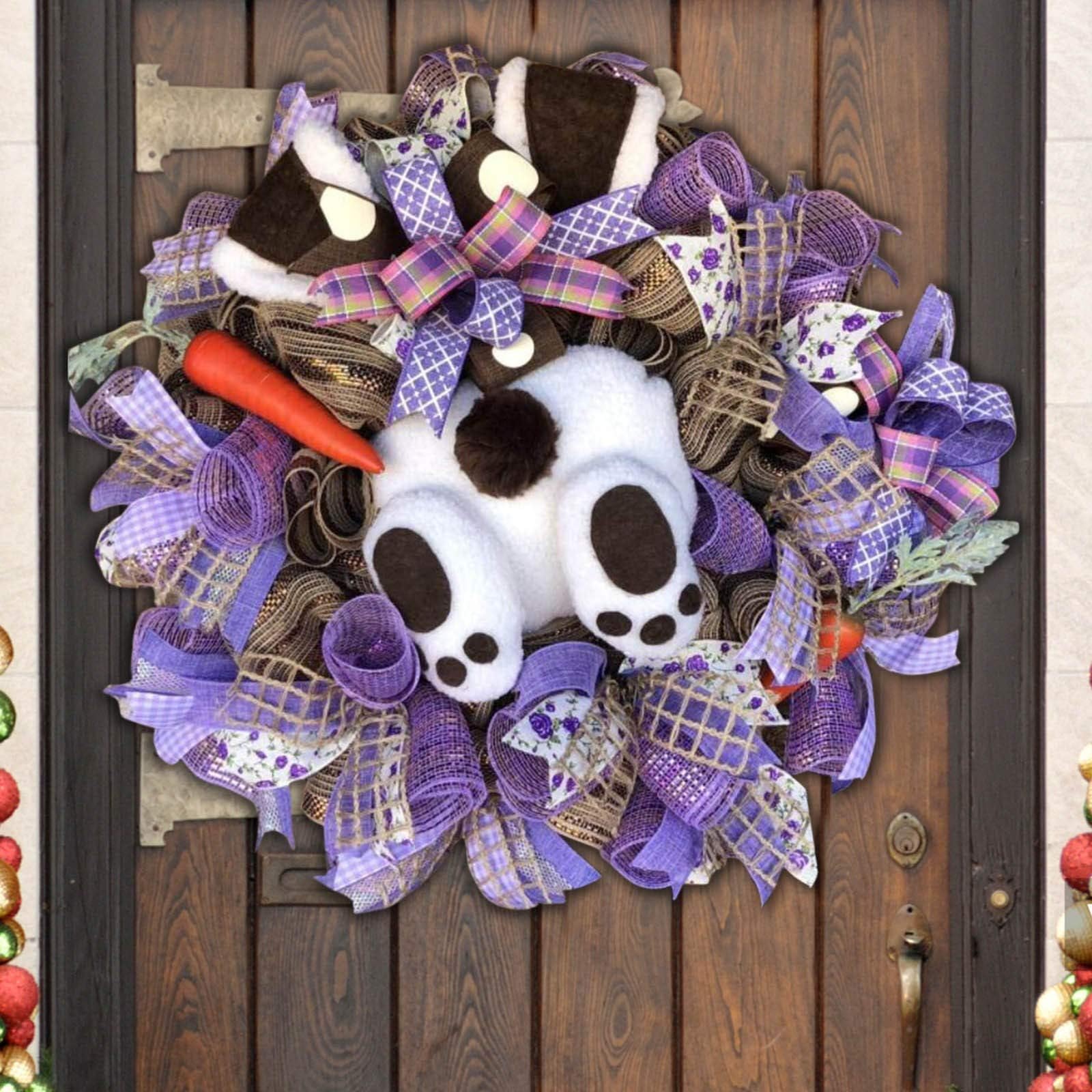 Easter Rabbit Wreath Decor for Front Door, Rabbit Wreaths with Butt Ears Spring Wreath, Easter Decor Bunny Garland with Ribbons for Door Porch Wall Farmhouse Decor (B)