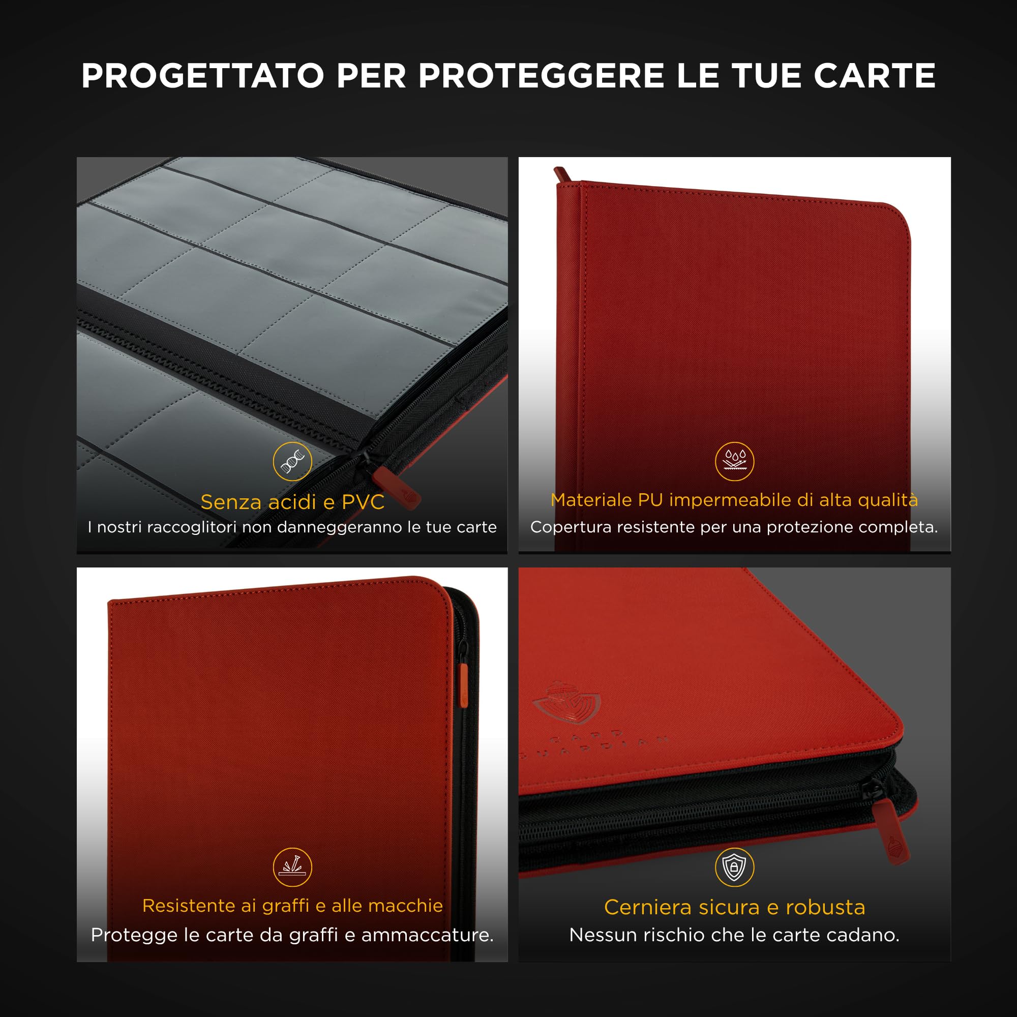 Card Guardian – Raccoglitore Carte Premium 9 Tasche con Cerniera | Album 360 Carte con Tasche a Caricamento Laterale – Binder Carte per TCG, MTG, One Piece, YuGiOh (Rosso)