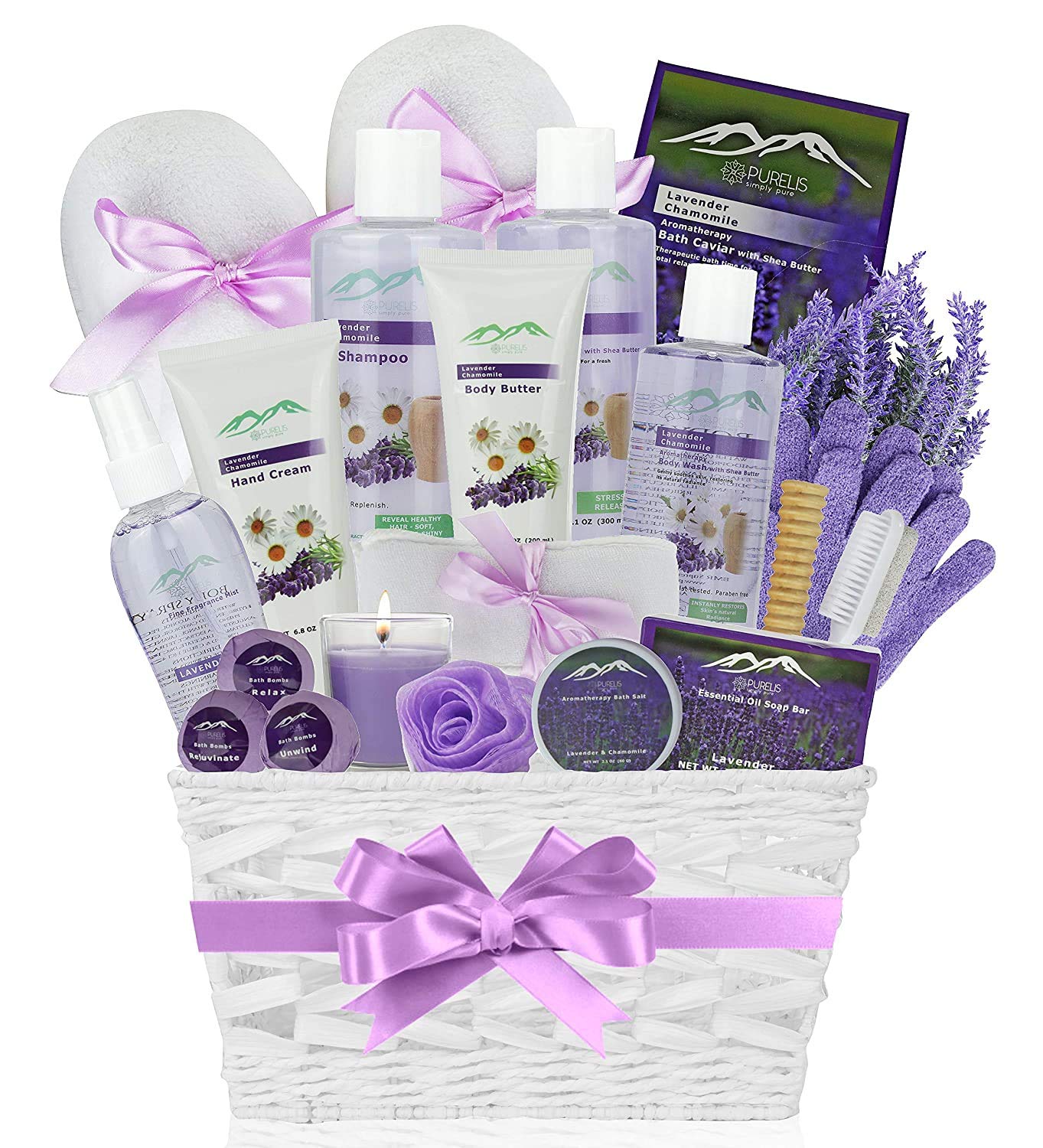Lavender Spa Gift Basket for Birthday Gifts for Women Beauty Basket Home Spa Basket 20 pc Set Includes
