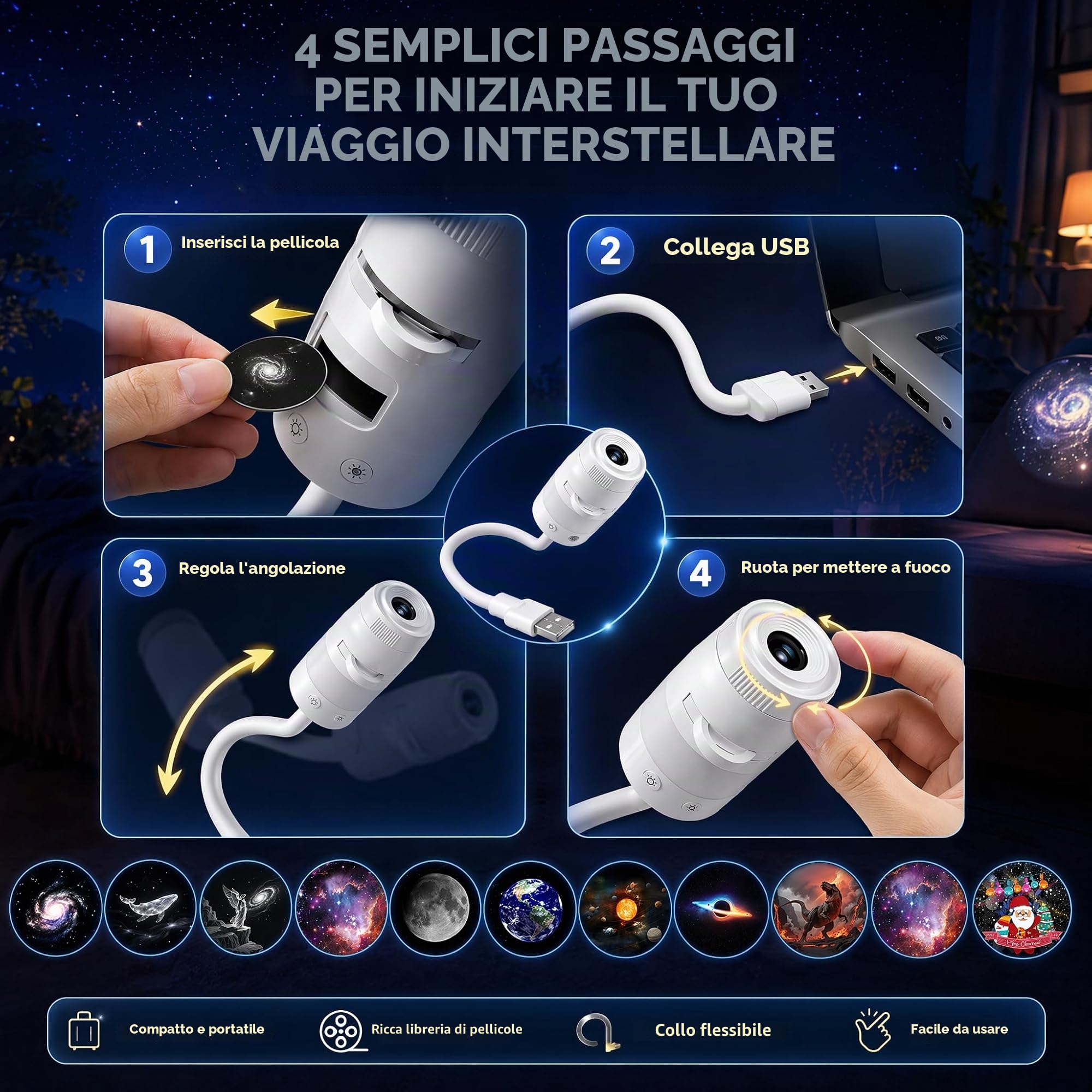 Pipihome 13 in 1 Proiettore Stelle Soffitto, Proiettore Galassia Soffitto, USB Plug-and-Play HD Star Projector, Galaxy Projector Night Light, Luce Notturna Lampada di Proiezione per Bambini Adulti，A