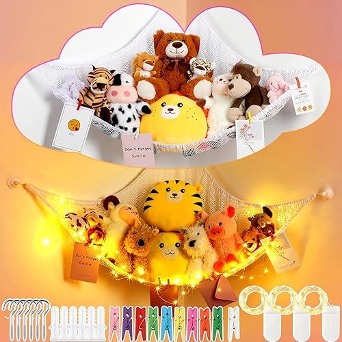 Berlune Juego de 2 redes de animales de peluche o hamaca con luz LED, almacenamiento de animales de peluche, hamaca de juguete de esquina,