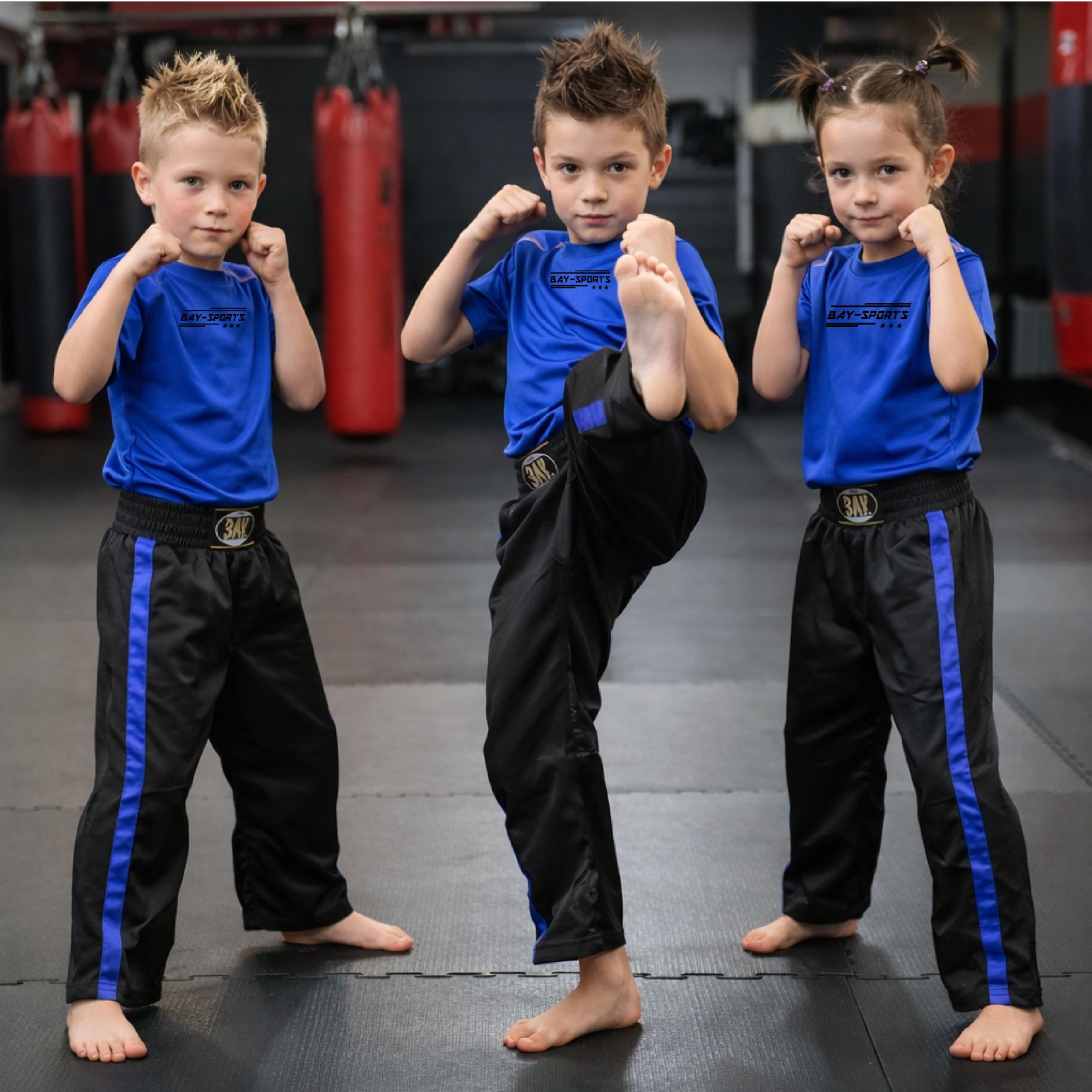 Bay Netz Mesh Kickboxhose Kampfsporthose Schwarz lang Mesh-Netzeinsatz Kontraststreifen in Blau seitlich Polyester Erwachsene Damen Herren Kinder Jungen Mädchen Größen 5XS - XXL