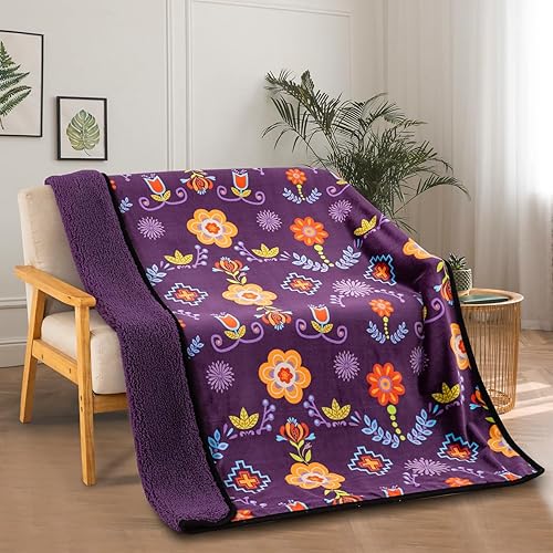 Miniatura 2 de Nu Trendz Manta de forro polar Sherpa con diseño floral nativo para sofá, manta suave súper mullida para sofá silla, manta de felpa acogedora de