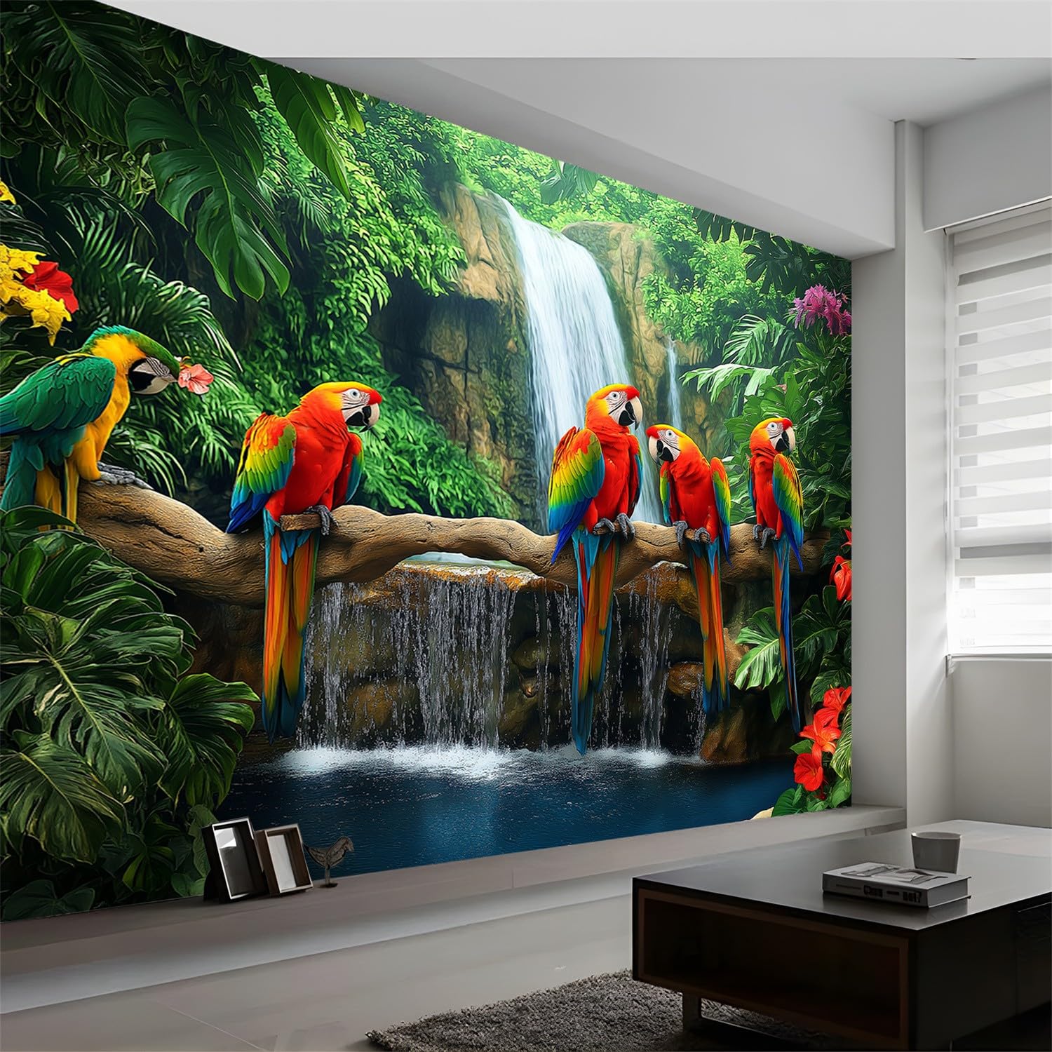 Papier peint jungle et perroquet : créez un salon évasion avec cascade