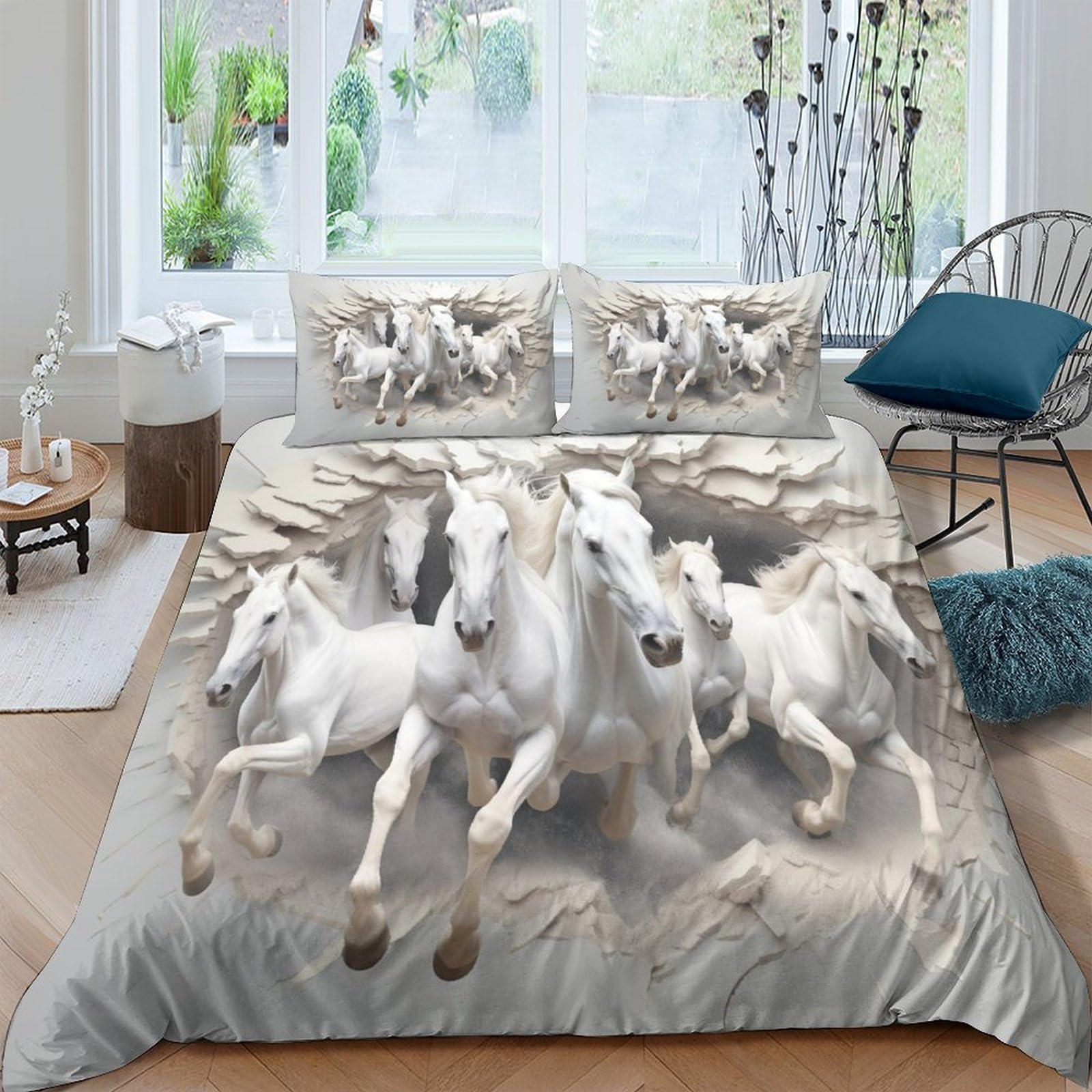 Housse de couette zip anti-allergie lit 200x200 motif cheval