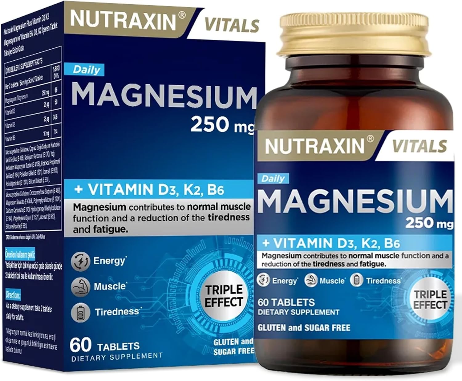 Nutraxin Magnesium Daily 250 mg – 60 Tablets, with Vitamin D3 K2 – Magnesium and Vitamin B6 Contribute to the Reduction of Tiredness and Fatigue – Vegan, Gluten-Free, No Artificial Additives