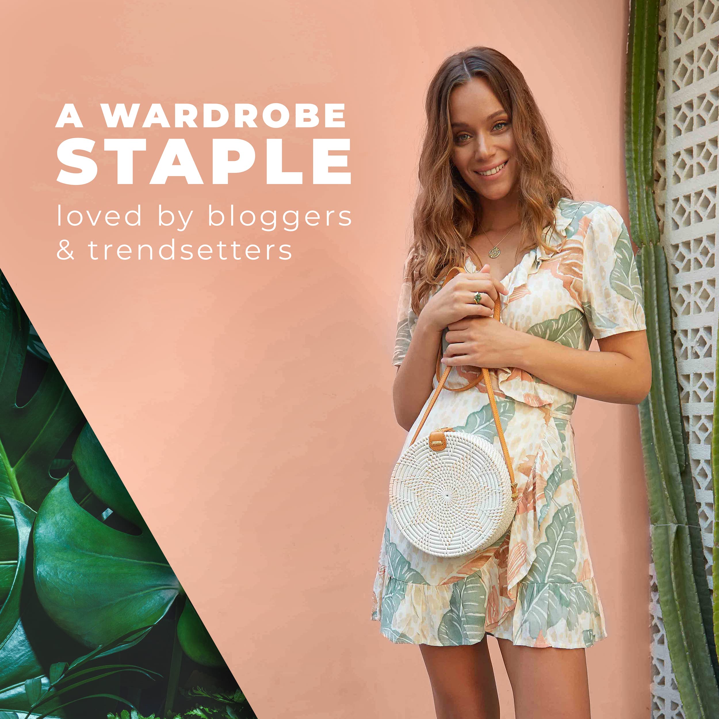 Novum Crafts Bolsa redonda de ratán para mujer, bolsas de paja hechas a mano, bolso de mimbre, bolso cruzado de color marrón y blanco