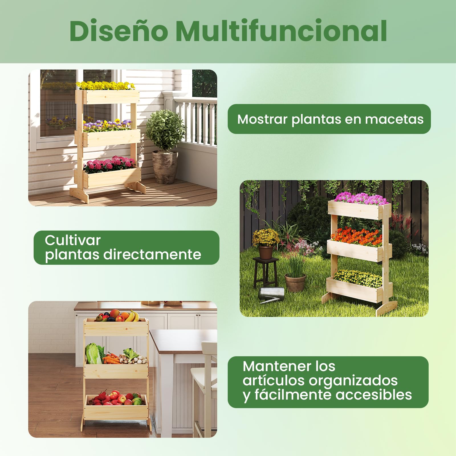 COSTWAY Jardinera Vertical de Madera, Huerto Urbano Terraza de 3 Niveles, Jardinera Flores Plantas Soporte, 69 x 39 x 109 cm, Caja de Plantación para Jardín Balcón, Natural