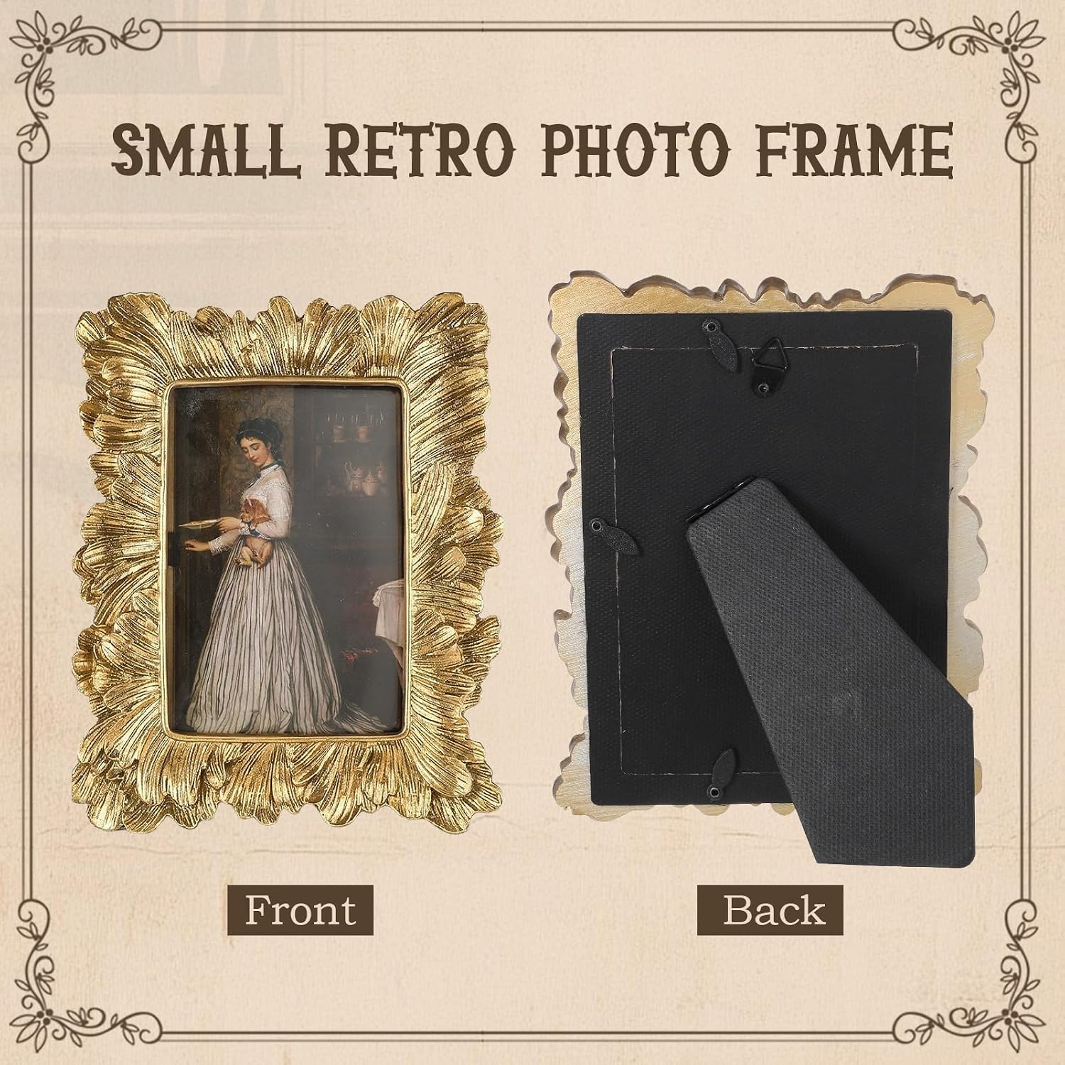 4 Pcs Small Vintage Picture Frame Round Rectangle Ornate Antique Picture Frames Baroque Mini Antique Pictures Frame for Tabletop Display Wall Hanging Home(Gold Classical Relief)