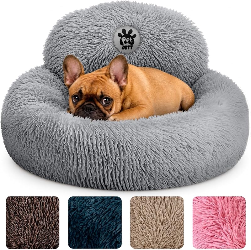 Cama Redonda para Cães Pequenos PET JETT em Pelúcia Sintética com Fundo Antiderrapante, Cinza-claro, 58,42 x 58,42 x 20,32 cm
