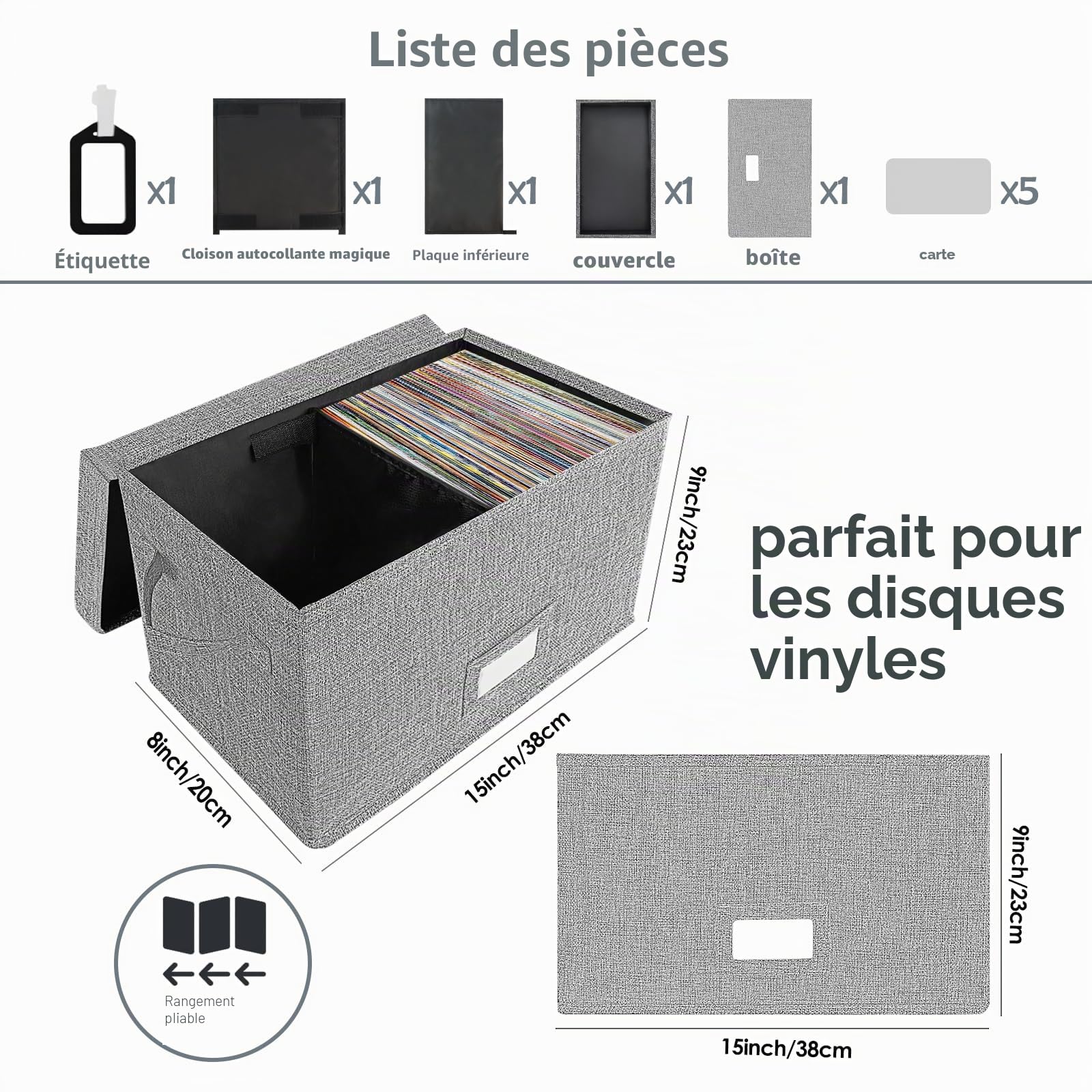 Woodoulogy Boîte de Rangement pour Vinyles 7"/45 RPM, Étui avec Couvercle pour Jusqu'à 80 Albums, Caisse pour CD et Collection Musicale, Organisateur Pliable de Type Dossier avec Poignée (Gris)