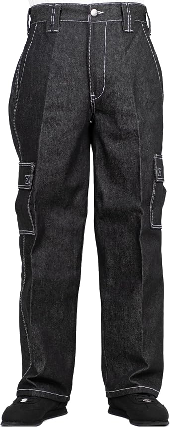 FB County Hard Denim Pants - Unisex 14oz Heavy Loose Fit High Waisted Cargo Jeans with Utility Pockets