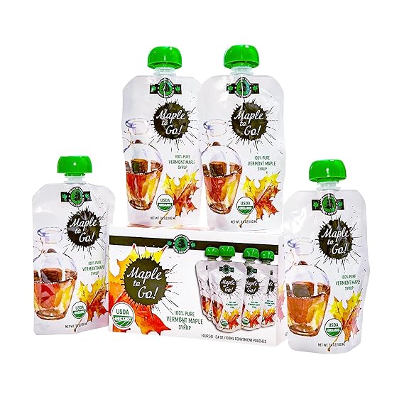 Maple to Go! - Pure Organic Vermont Maple Syrup Packets - Small Maple Syrup Bottles with Resealable Twist Cap| Ideal for Hiking, Camping, Traveling and Kitchen Use - Pack of 4