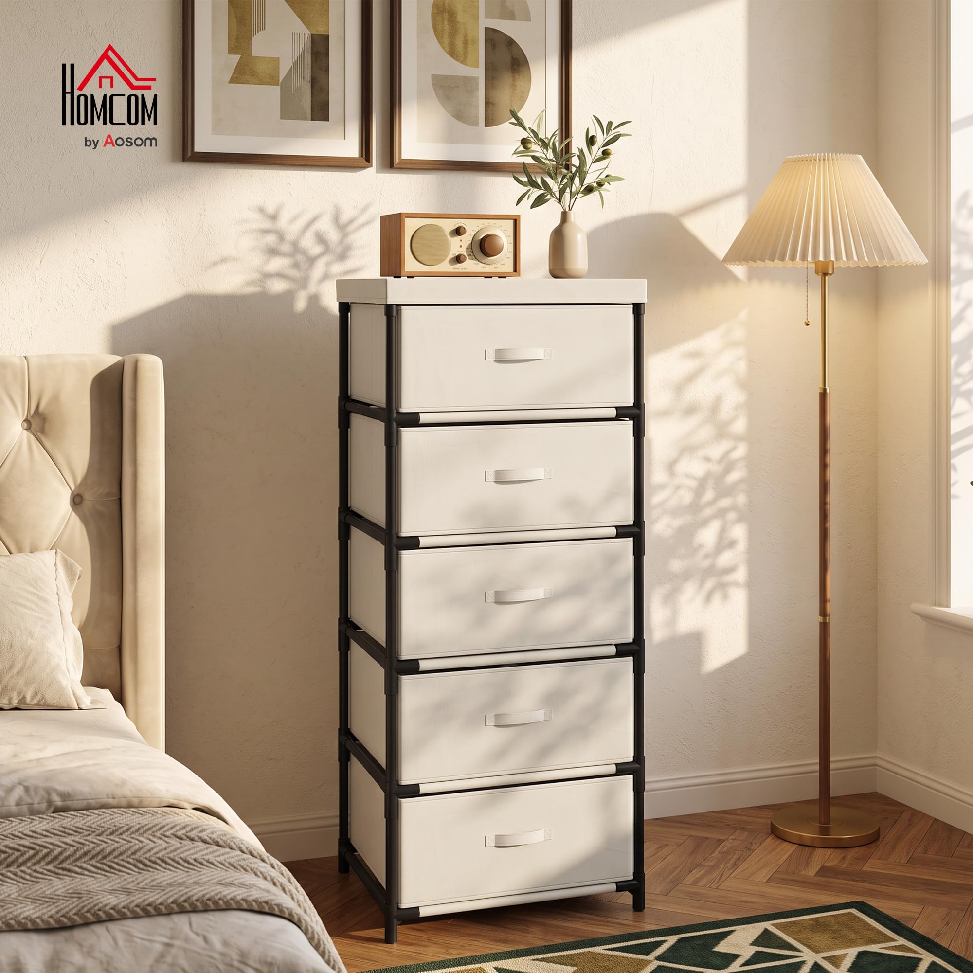 HOMCOM Cassettiera con 5 Cassetti, Mobiletto in Tessuto con Struttura in Acciaio, Montaggio Rapido, per Camera e Soggiorno, Beige e Nero