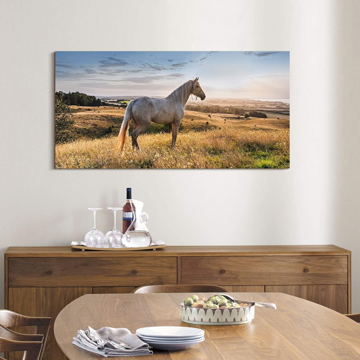 Rustic Horse Wall Art Decor: Western Country Farm Equine Canvas Picture Artwork Wildlife Animals on Empty Grassland Farmhouse Ponies Painting for Living Room Bedroom 48" x 24" - Image 3