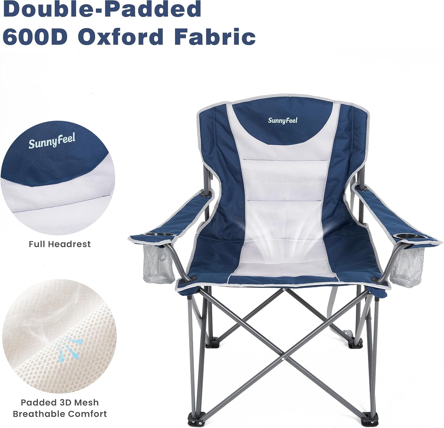 SUNNYFEEL Oversized Camping Chair 2 Pack for Big & Tall Adults, Heavy Duty Folding Camp Chair Supports 500 lbs, High Back Lawn Chair with Cup Holder Portable Outdoor Chair for Camping, Fishing & Beach