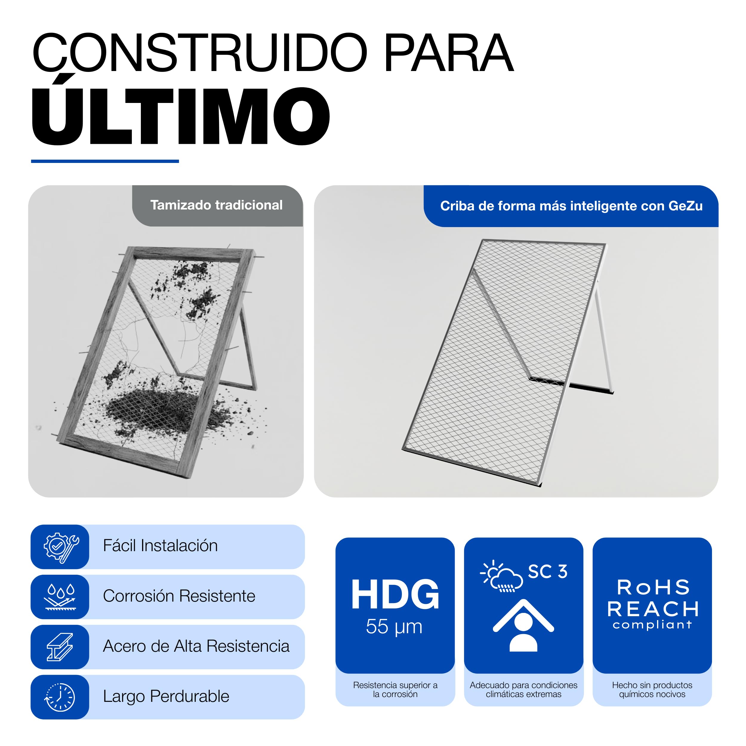 GeZu Impex Tamiz de Tierra 100 x 60 cm Galvanizado en Caliente Criba de Compost para Tamizar Tierra Rocas Arena