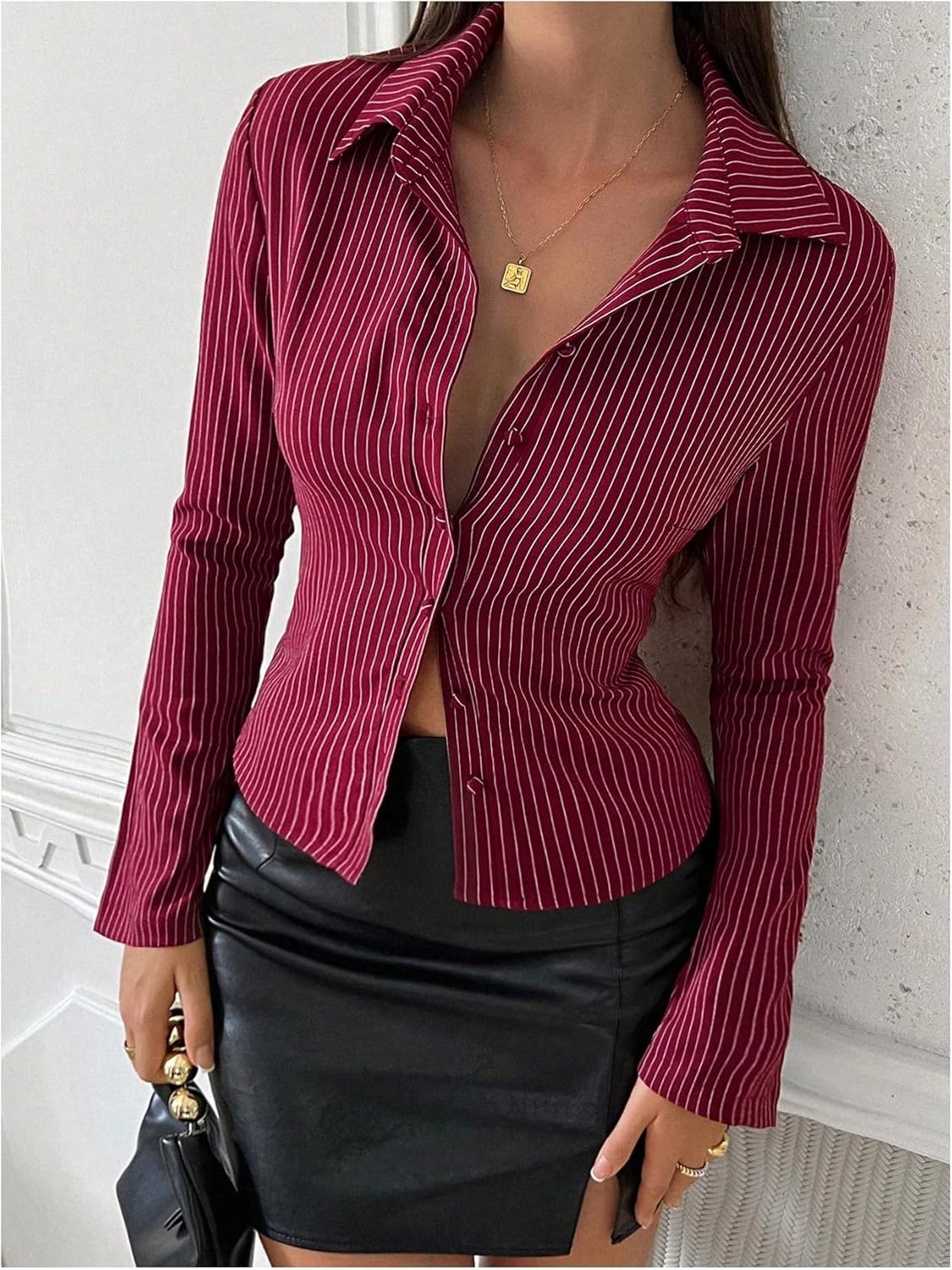 SweatyRocks Women's Striped Collar Long Sleeve Slim Fit Button Down Shirts Work Blouse - Image 3