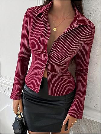 SweatyRocks Women's Striped Collar Long Sleeve Slim Fit Button Down Shirts Work Blouse