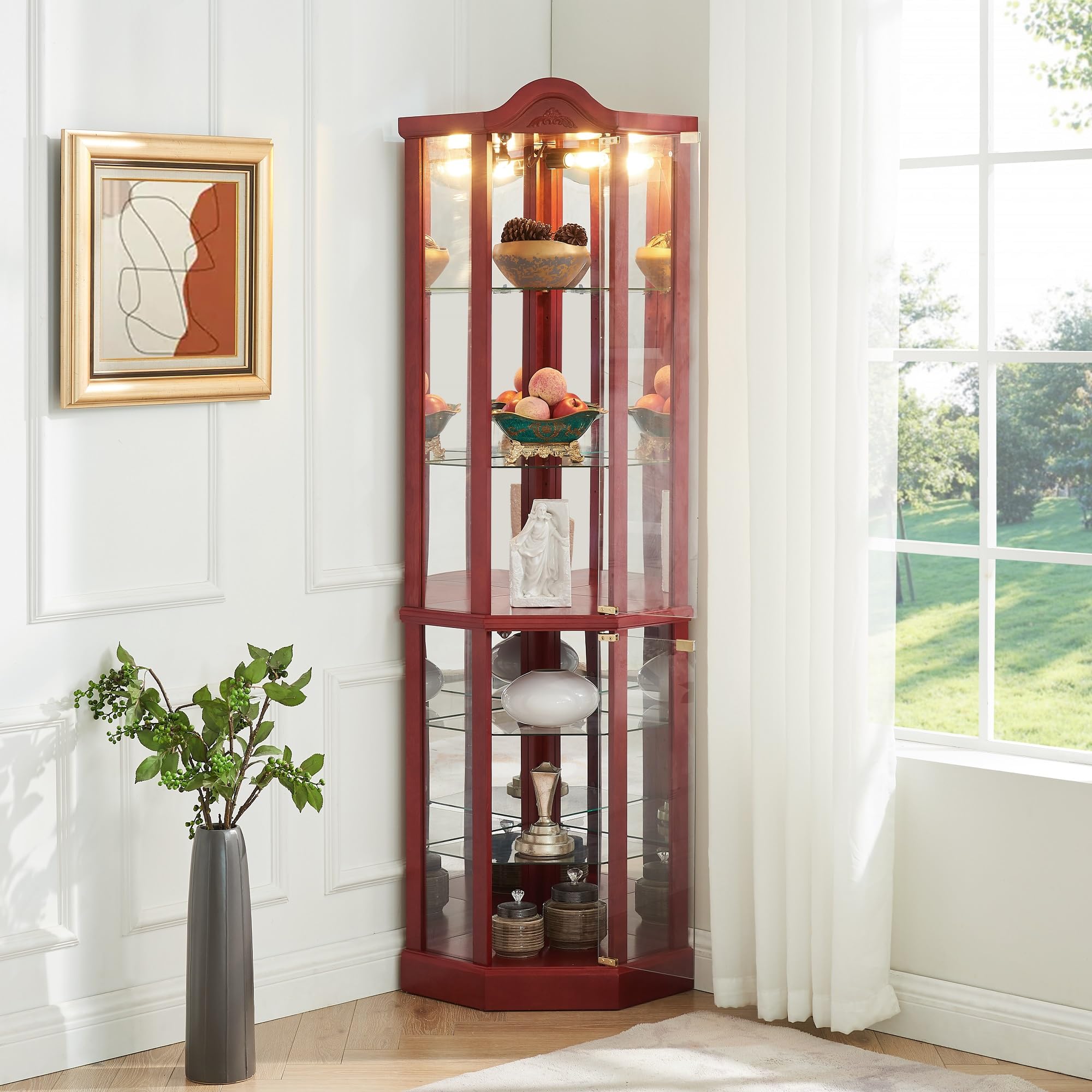 QSOSTNS Lighted Corner Display Curio Cabinet Curved Wood Corner Cabinet with Tempered Glass Doors and Shelves for Living Room (Cherry)