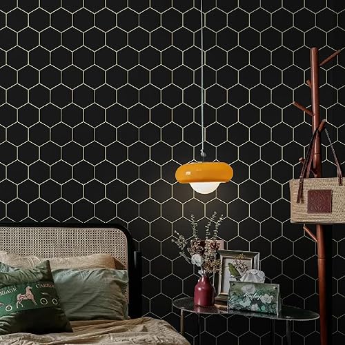 Miniatura 4 de Papel tapiz geométrico negro para despegar y pegar, papel de contacto dorado y negro, rollo decorativo para estantes y cajones, 17.3" x 393" -