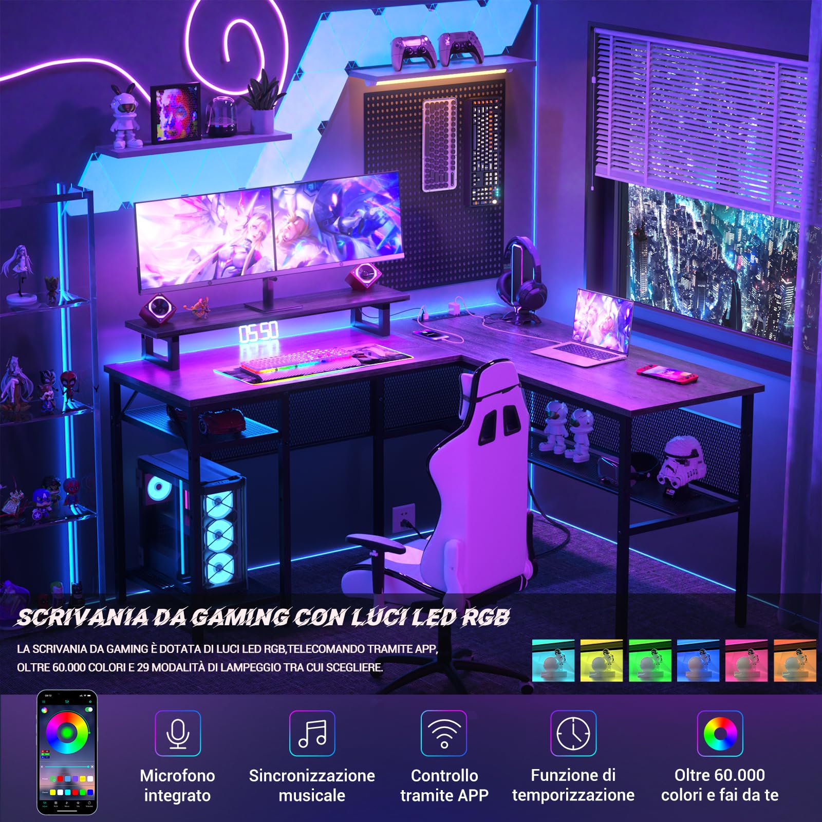 iSunirm Scrivania Gaming a L,110x80 cm Scrivania Angolare Reversibile con LED,Scrivania ad L per Casa Ufficio,Scrivania Computer con 2 Prese e 2 Porte USB,Quercia Grigia