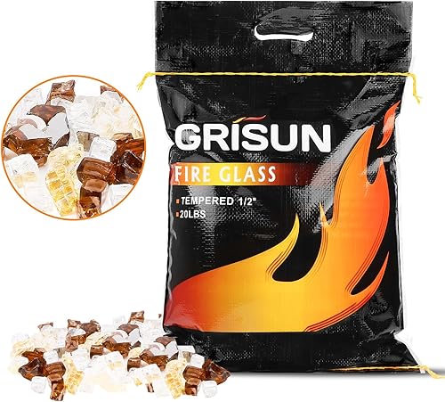 Vista 214 de Grisun Vidrio ignífugo para cuenco de fuego, 1/2 pulgada de alto, 10 libras, brillo reflectante, rocas de vidrio templado para gas natural o Verde