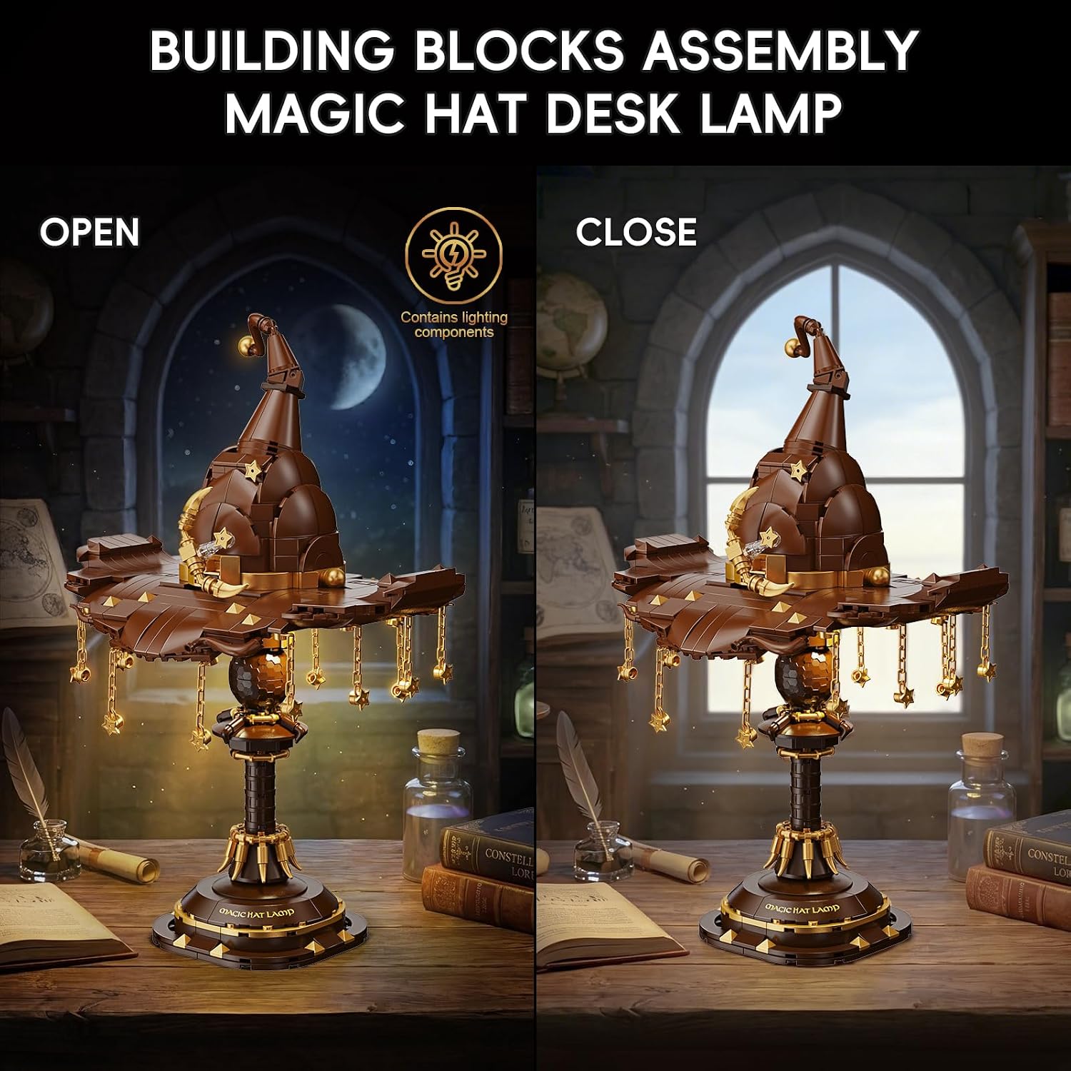 Magic Hat Lamp Building Block Set 698 Pcs Fantasy Sorcerer Headgear Model Kit with Golden Stars & Display Stand Movie Prop Replica Decor Construction Toy for Adults & Teens