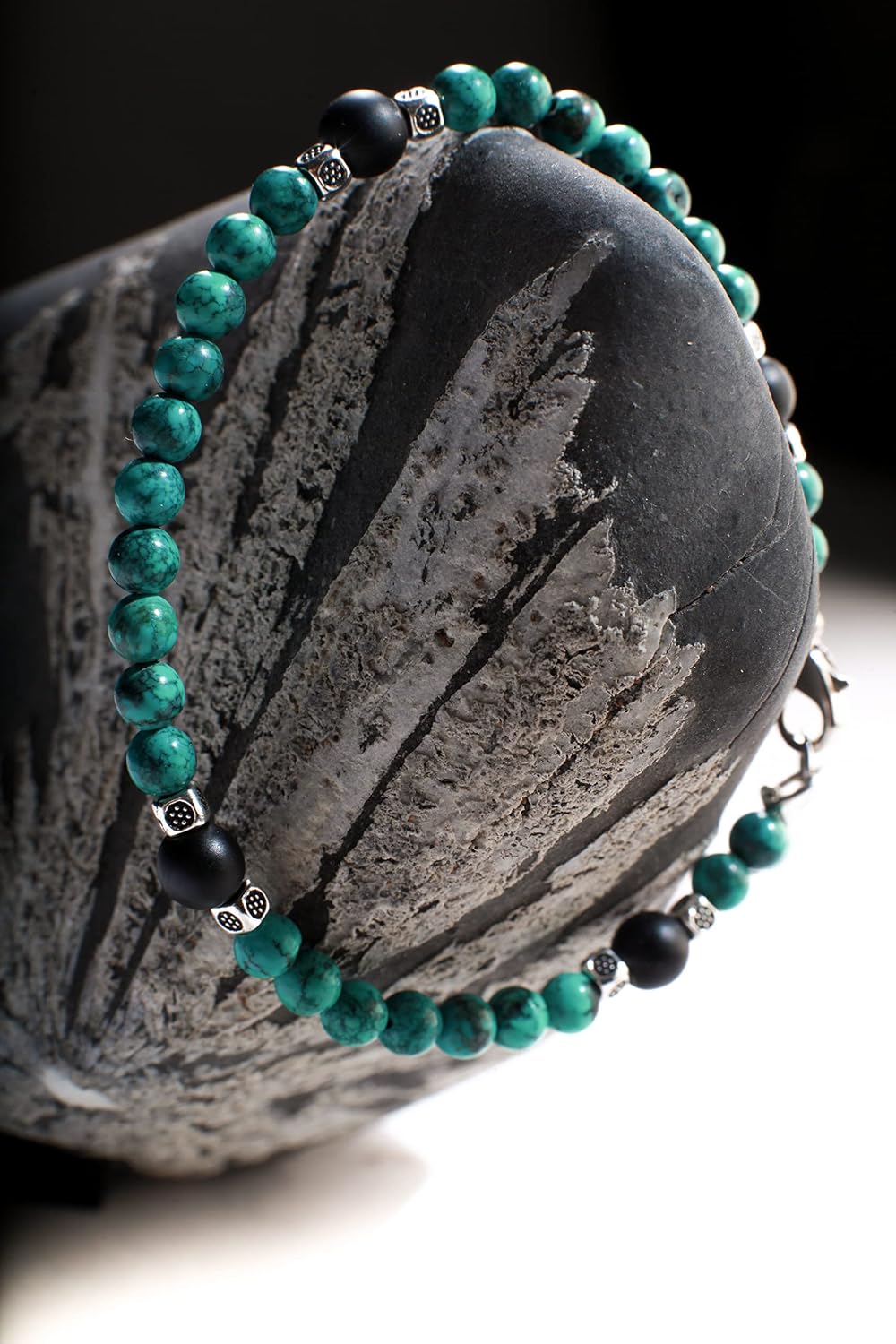 Natural Turquoise AAA Quality Spiderweb Matrix Bracelet Accented with Matte Black Onyx Beads Available in 6", 6.5", 7", 7.5" and 8"