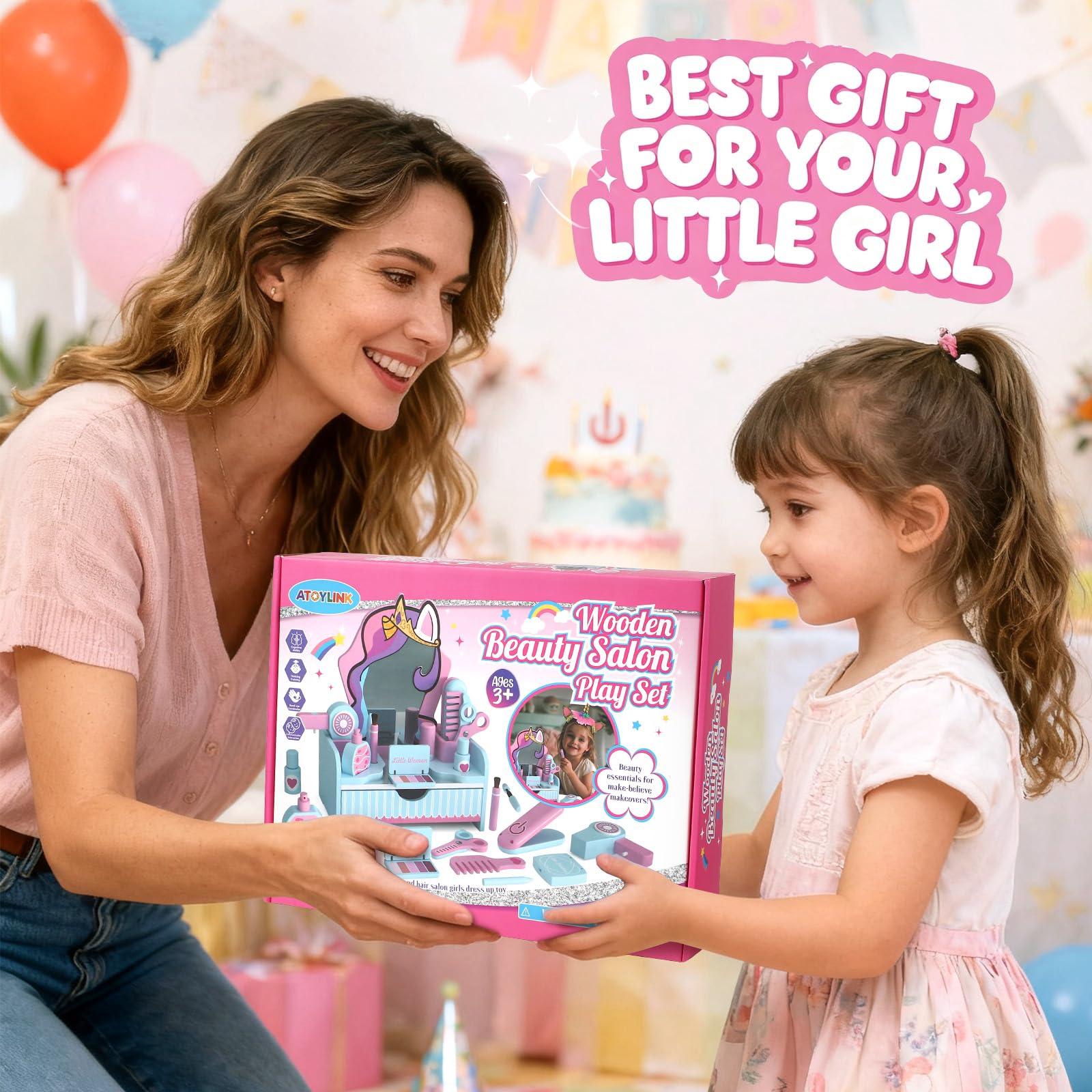 Unicorno Postazione Trucco in Legno, Trucchi Bambina Toeletta con Specchiera Cassetti Set & Parrucchiera Bambina Bellez Accessori Unicorno Giochi Giocattoli Regalo per Bambini Ragazza 3 4 5 6 7 Anni
