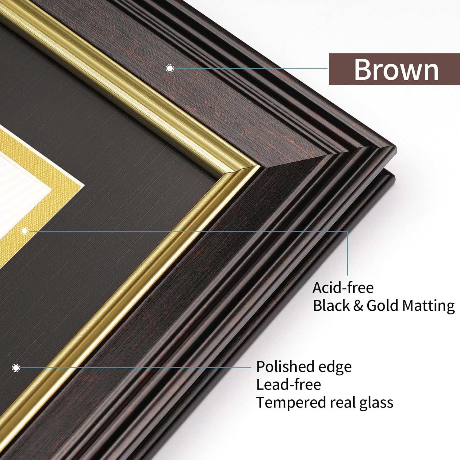 Double Diploma Frame 14x20, Display Two 8.5x11 Degree, Certificates, Documents, Tempered Glass with Acid-Free Black over Gold Mat, Dual Diploma Frame for Graduation, Brown with Gold Trim