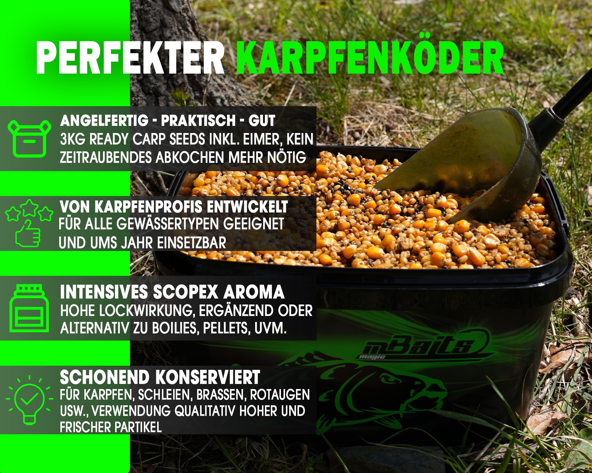 Angel-Berger Magic Baits 3kg Ready Particle Mix Scopex im Eimer Carp Seeds Angelfertig Partikel Karpfen Köder Gekochte Körner Karpfenfutter Futtermittel