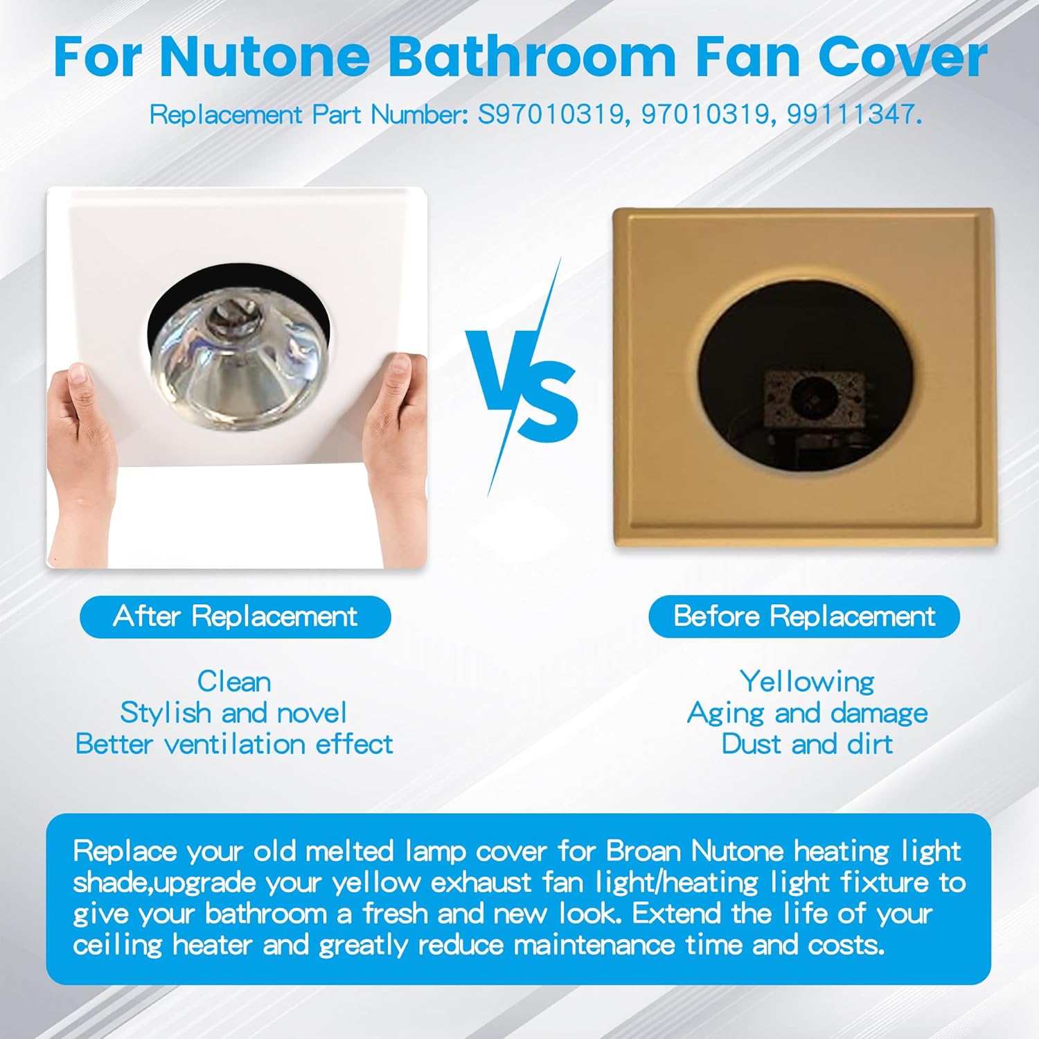 Zookpr S97010319 Bathroom Exhaust Fan Cover for Broan Grille with Springs - 161, 162, 9412D-R01, 9417DN-R01 (Replaces 99111347) for Bulb Ceiling Heater