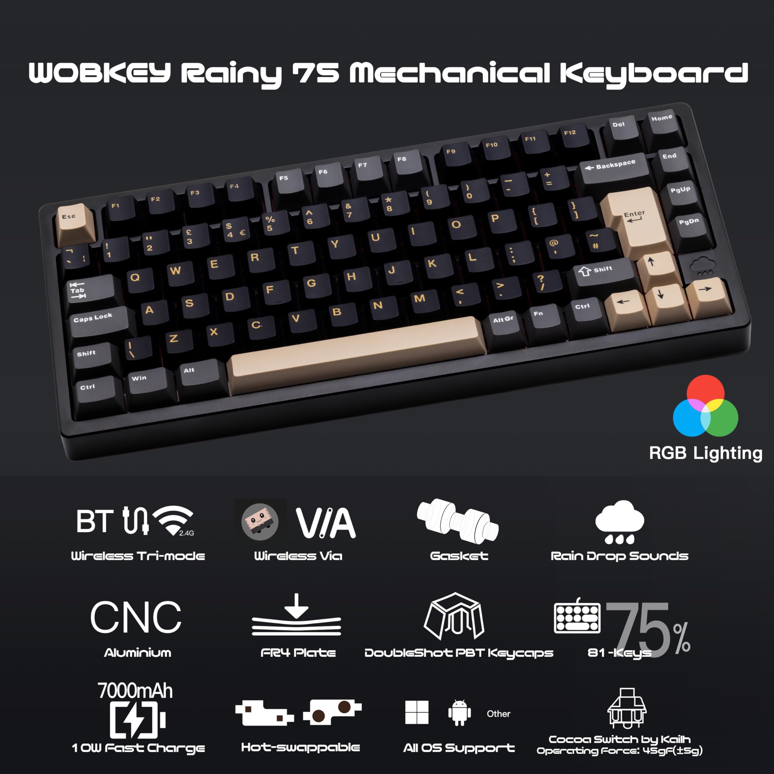 WOBKEY Rainy 75 Aluminum Cocoa Switch Mechanical Keyboard with Superior Acoustics, Wired, BT, 2.4G wireless Connectivity (Pro - Black(UK-ISO)) — view 2