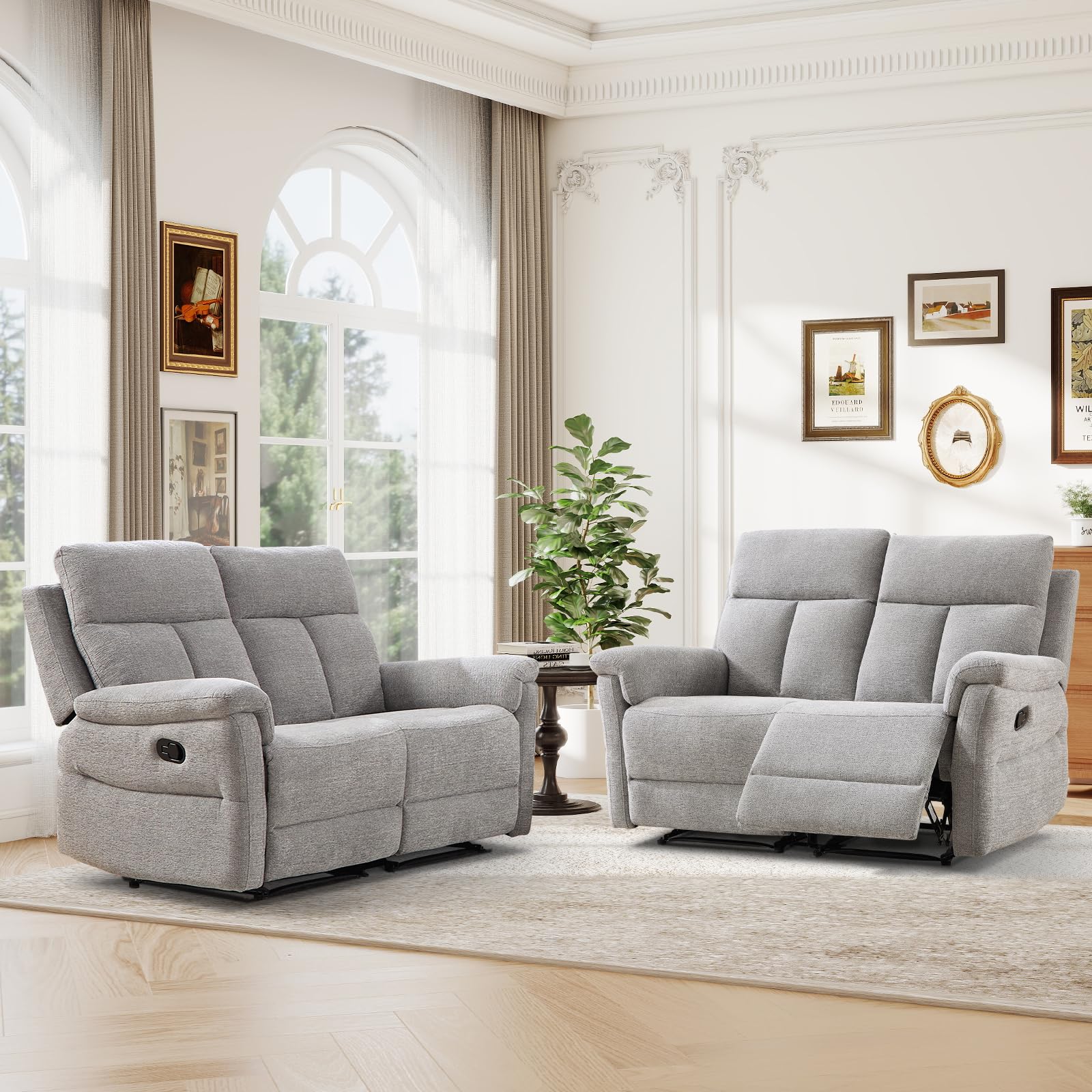 ANJ 2-Piece Manual Reclining Loveseat Set, 2 Seat Recliner Sofas with Padded Arms and Supportive Backrest, Comfortable Fabric Reclining Couch Set for Living Room, Light Grey