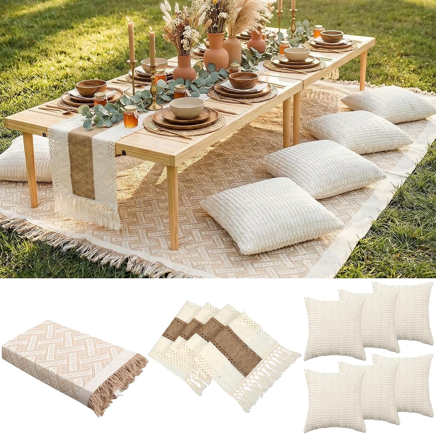 Beeveer Extra Large Boho Picnic Blanket 118x71in with Tassel Table Runner & 6 Pillow Covers - Washable Woven Cotton for Beach, Camp, Wedding
