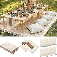 Beeveer Extra Large Boho Picnic Blanket 118x71in with Tassel Table Runner & 6 Pillow Covers - Washable Woven Cotton for Beach, Camp, Wedding