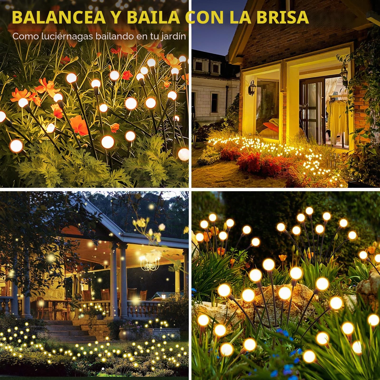 Luces Solares Led Exterior Jardin, 4 Piezas 8 LEDs Luces Solares de Luciérnaga, Altura Regulable, Múltiples Modos Disponibles, IP65 Impermeable Luz Solar Exterior Jardin para Patio Aceras Balcón