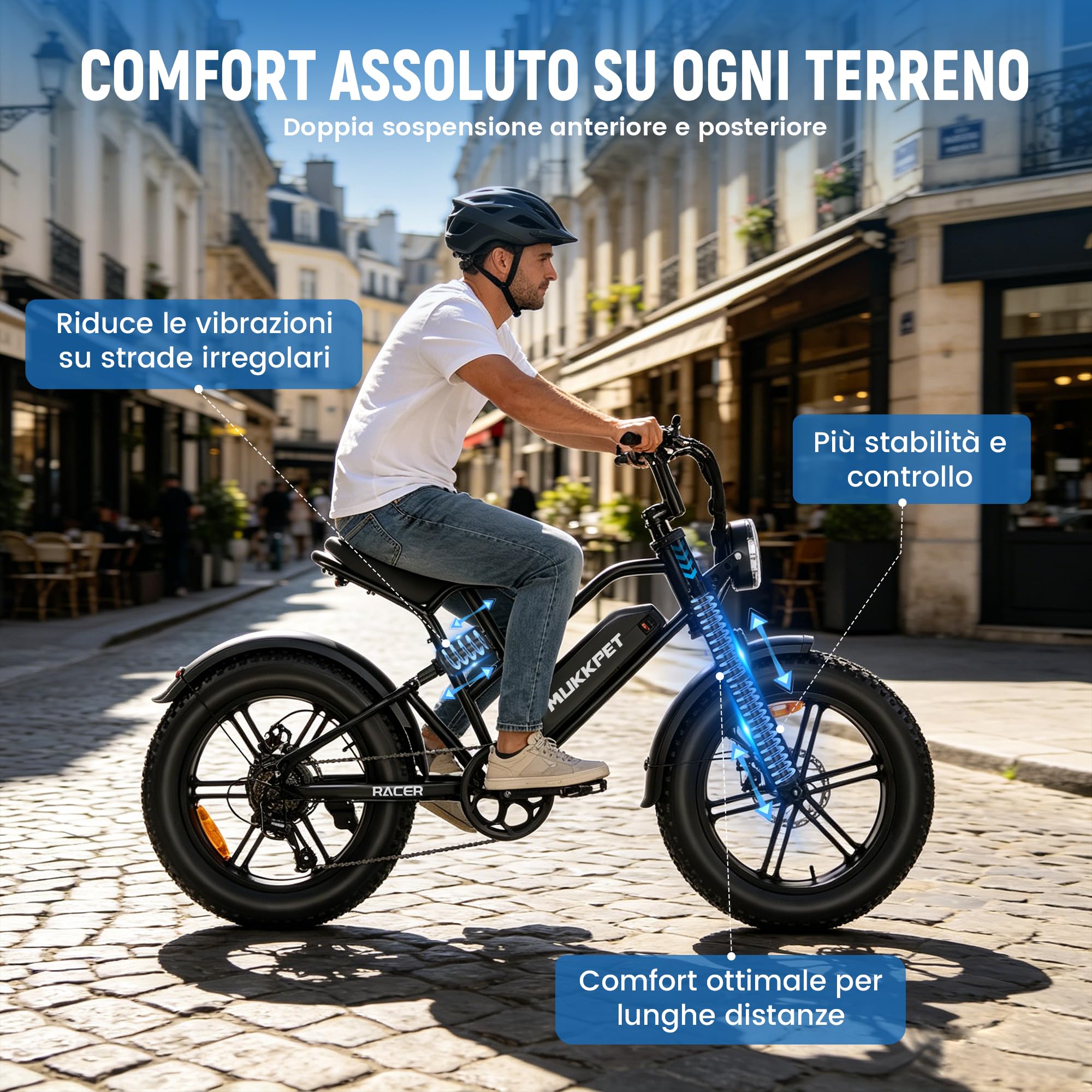 Mukkpet Racer, bicicletta elettrica da 48 V, 18 Ah, autonomia 120 km, bici elettrica per adulti, velocità legale 25 km/h, fuoristrada, doppia sospensione, 7 velocità, 20" x 4.0 per