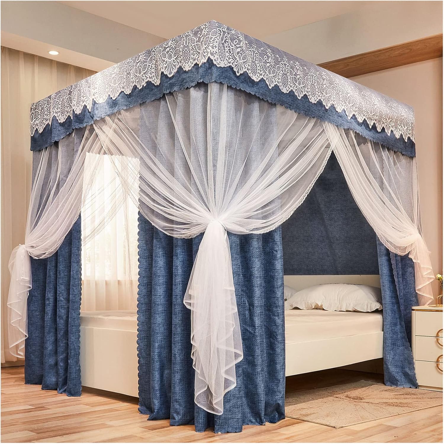 Mosquito Net Shading Bed Curtain Four Poster Bed Canopy with Stand Princess Curtains Canopy for Girls King Size Bed(Size:1.5×2m/4.9×6.6ft,Color:B.)