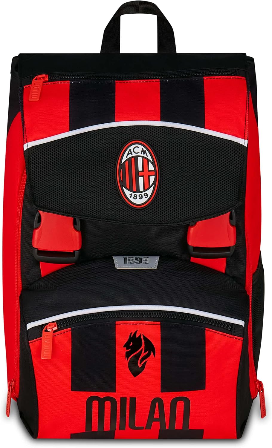 Seven AC Milan Primary School Bag Expandable Backpack Satchel from 1st Grade Extra Volume Spacious School Bag with Water Bottle Compartment Gift Idea Black and Red