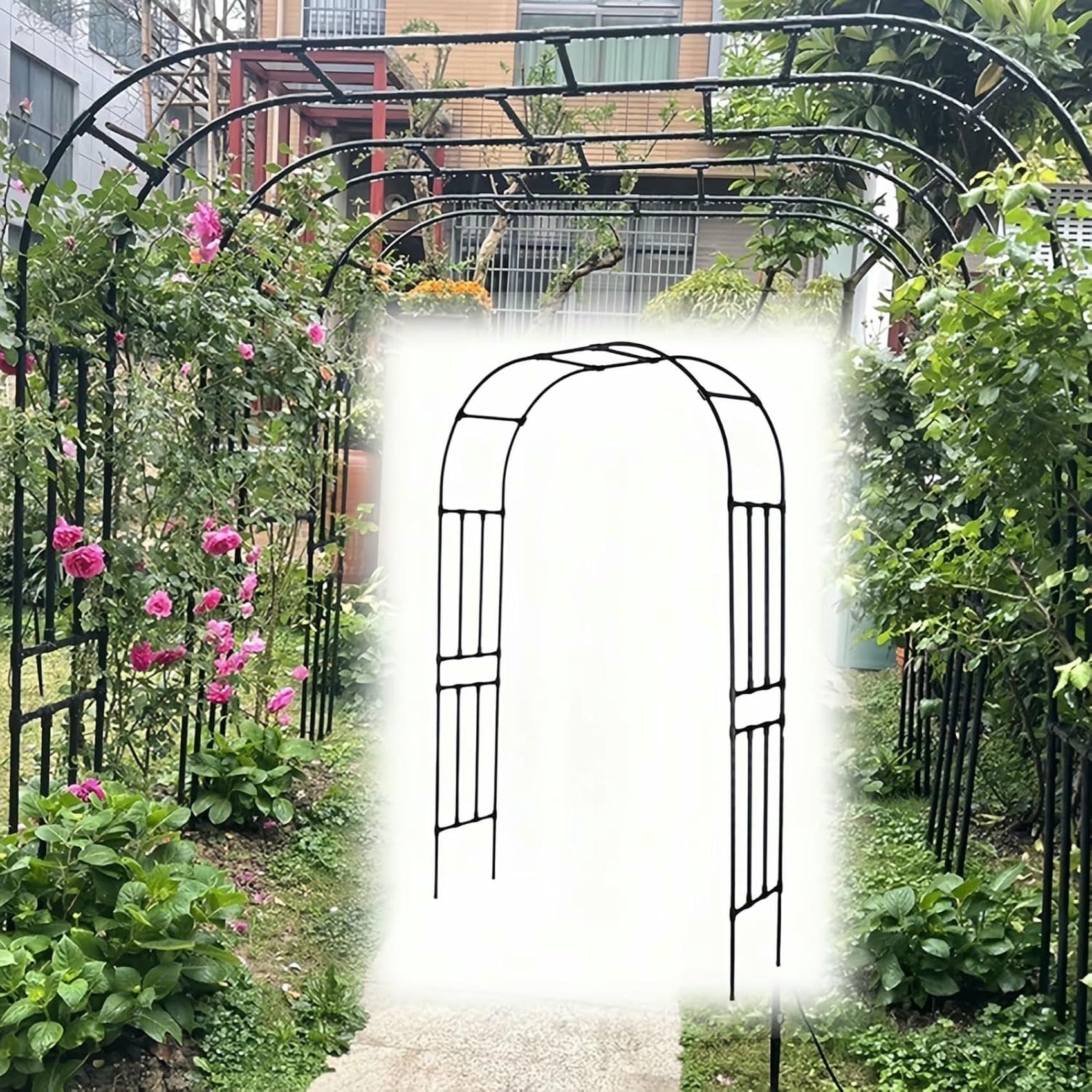 Grande arche de jardin en métal noir de style tonnelle de mariage