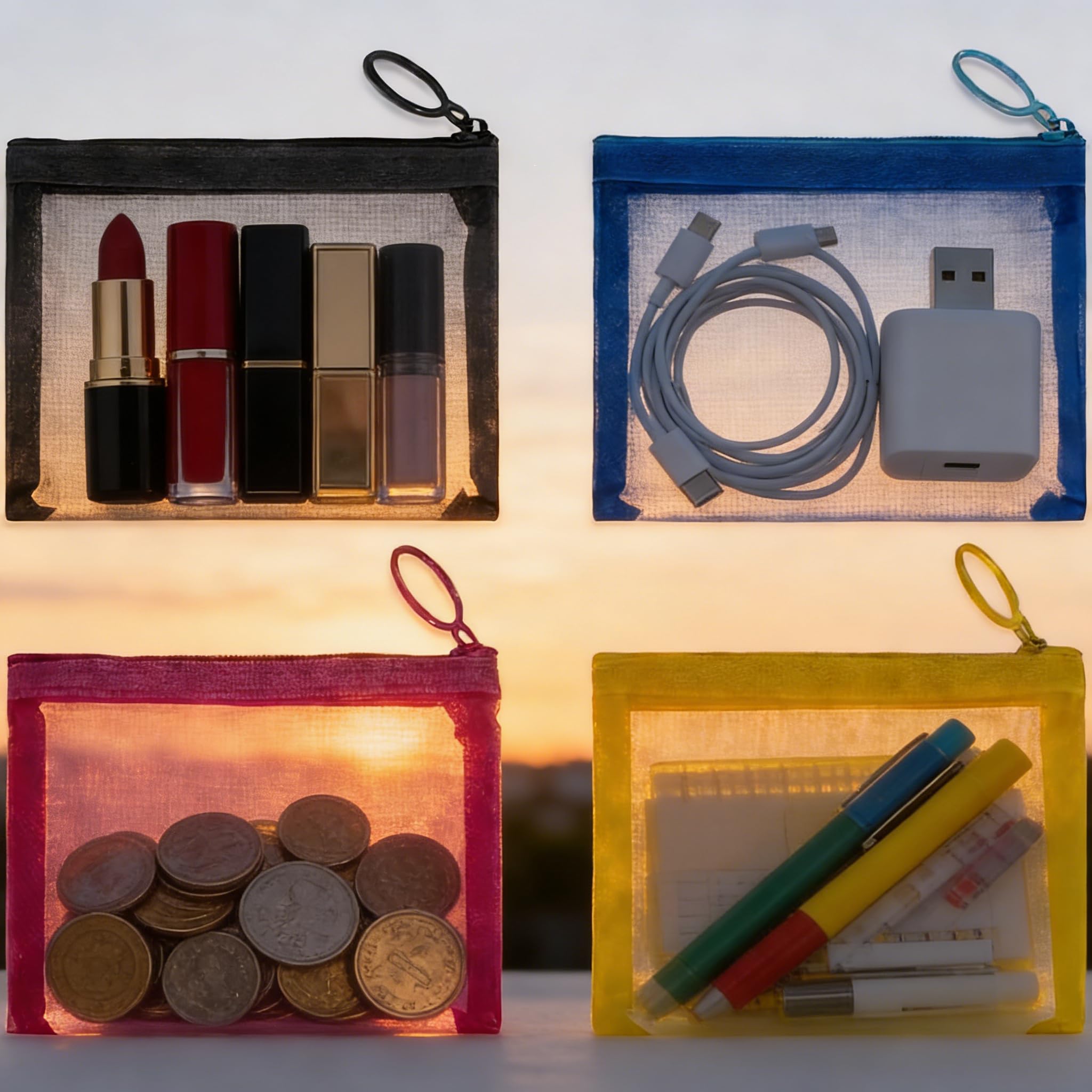 Mini Mesh Pouches 4 Pack, Small Mesh Bags with Zipper Nylon Makeup Pouches Bag Cosmetic Pouch Travel Purse Organizer Insert Diaper Inside Bag Organizers Home Organizing Size See Through Cute Colors